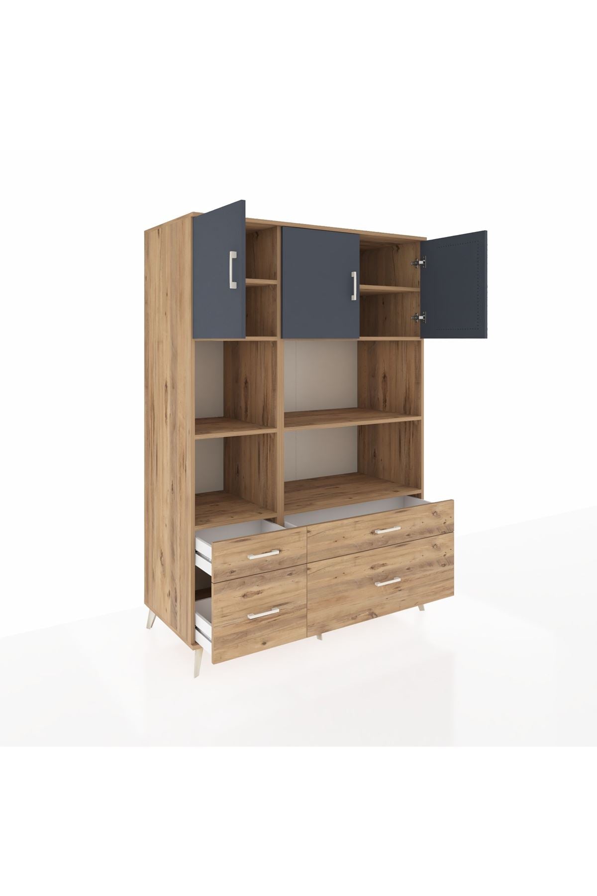 Kronos Dolap 8 Raflı 4 Çekmeceli 3 Kapaklı 132x59x195 Çam-Antrasit/Çam