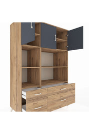 Kronos Dolap 8 Raflı 4 Çekmeceli 3 Kapaklı 132x59x195 Çam-Antrasit/Çam