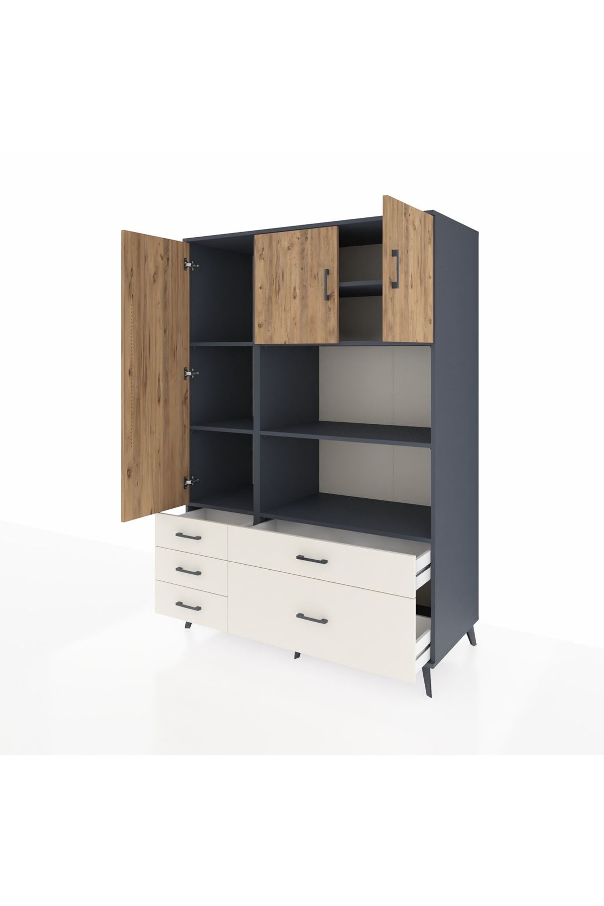 Kronos Dolap 7 Raflı 5 Çekmeceli 3 Kapaklı 132x59x195 Antrasit-Çam/Aytaşı