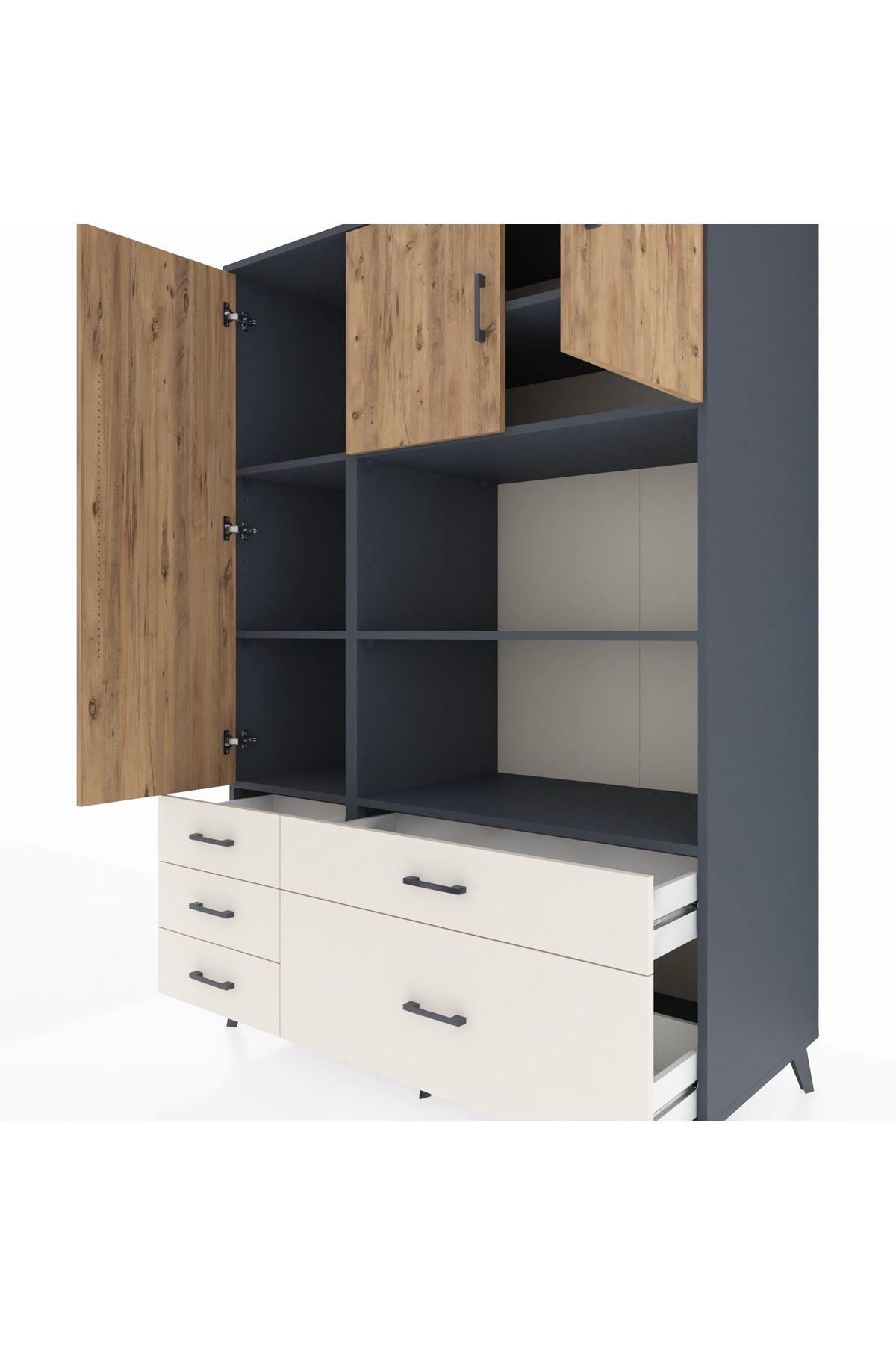 Kronos Dolap 7 Raflı 5 Çekmeceli 3 Kapaklı 132x59x195 Antrasit-Çam/Aytaşı