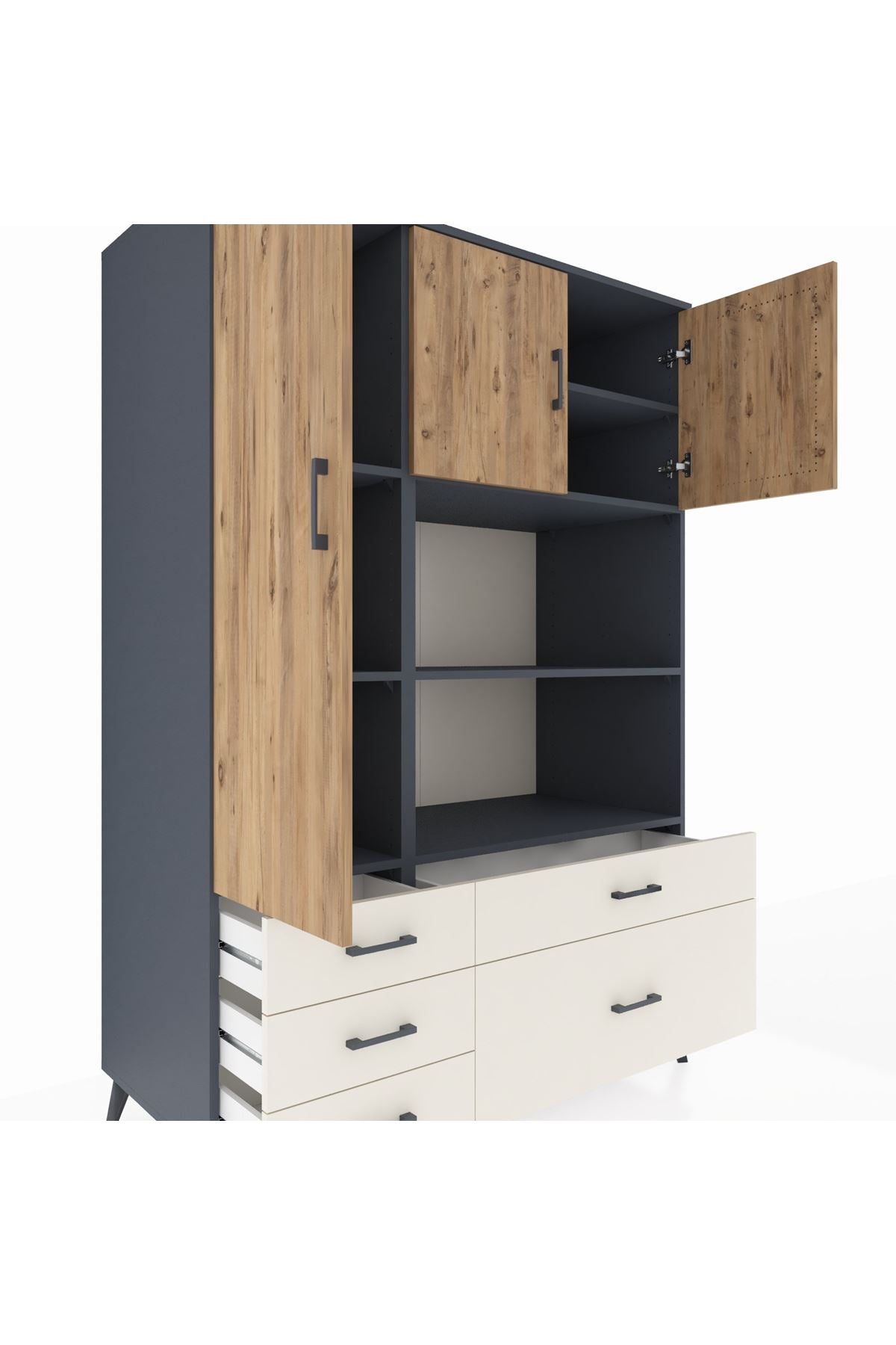 Kronos Dolap 7 Raflı 5 Çekmeceli 3 Kapaklı 132x59x195 Antrasit-Çam/Aytaşı