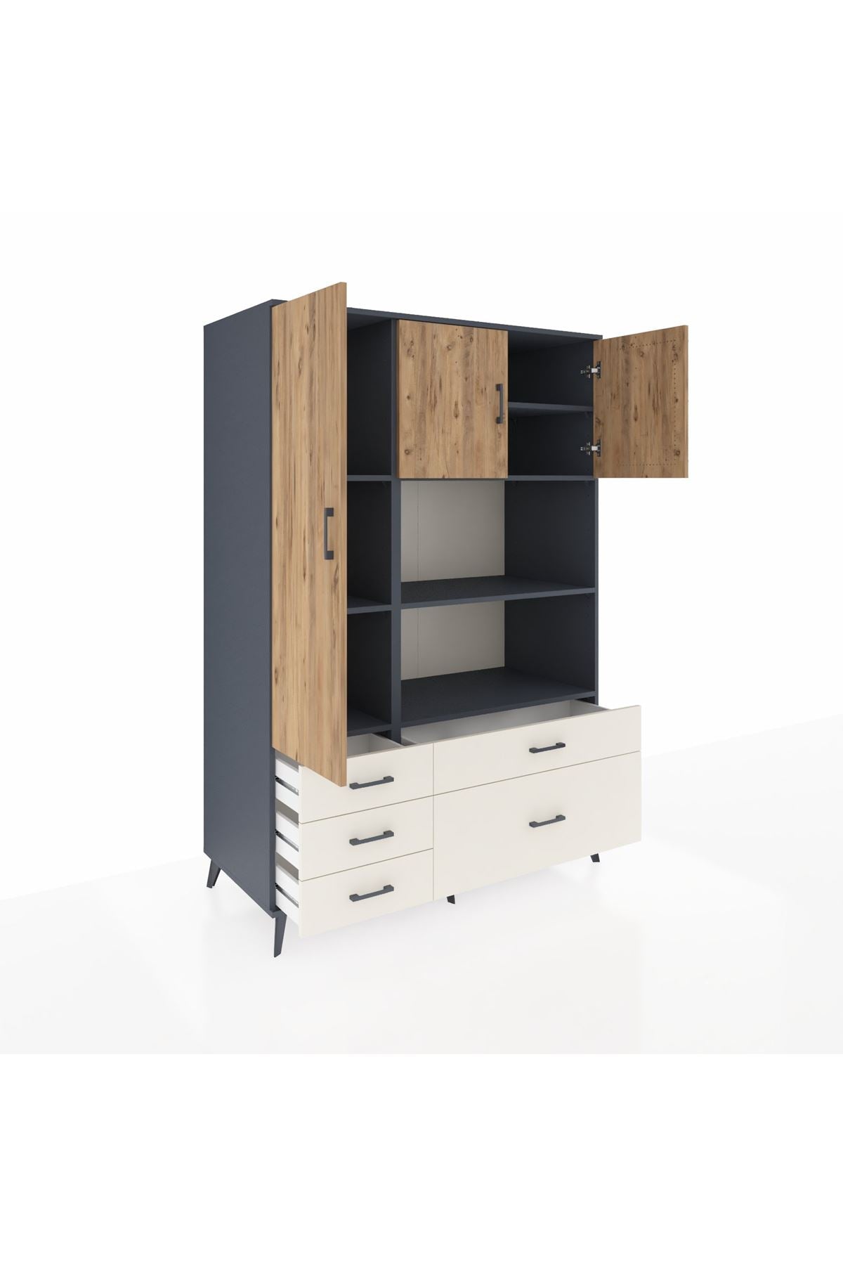 Kronos Dolap 7 Raflı 5 Çekmeceli 3 Kapaklı 132x59x195 Antrasit-Çam/Aytaşı