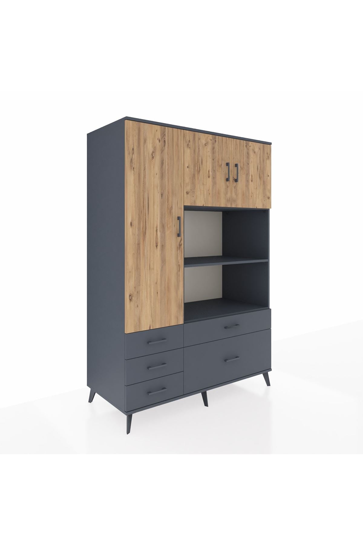 Kronos Dolap 7 Raflı 5 Çekmeceli 3 Kapaklı 132x59x195 Antrasit-Çam/Antrasit