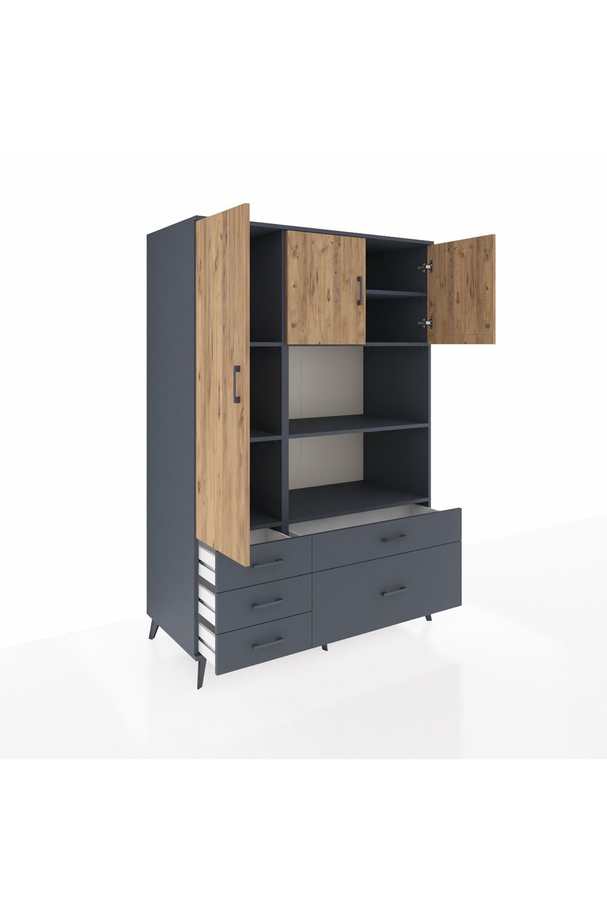 Kronos Dolap 7 Raflı 5 Çekmeceli 3 Kapaklı 132x59x195 Antrasit-Çam/Antrasit