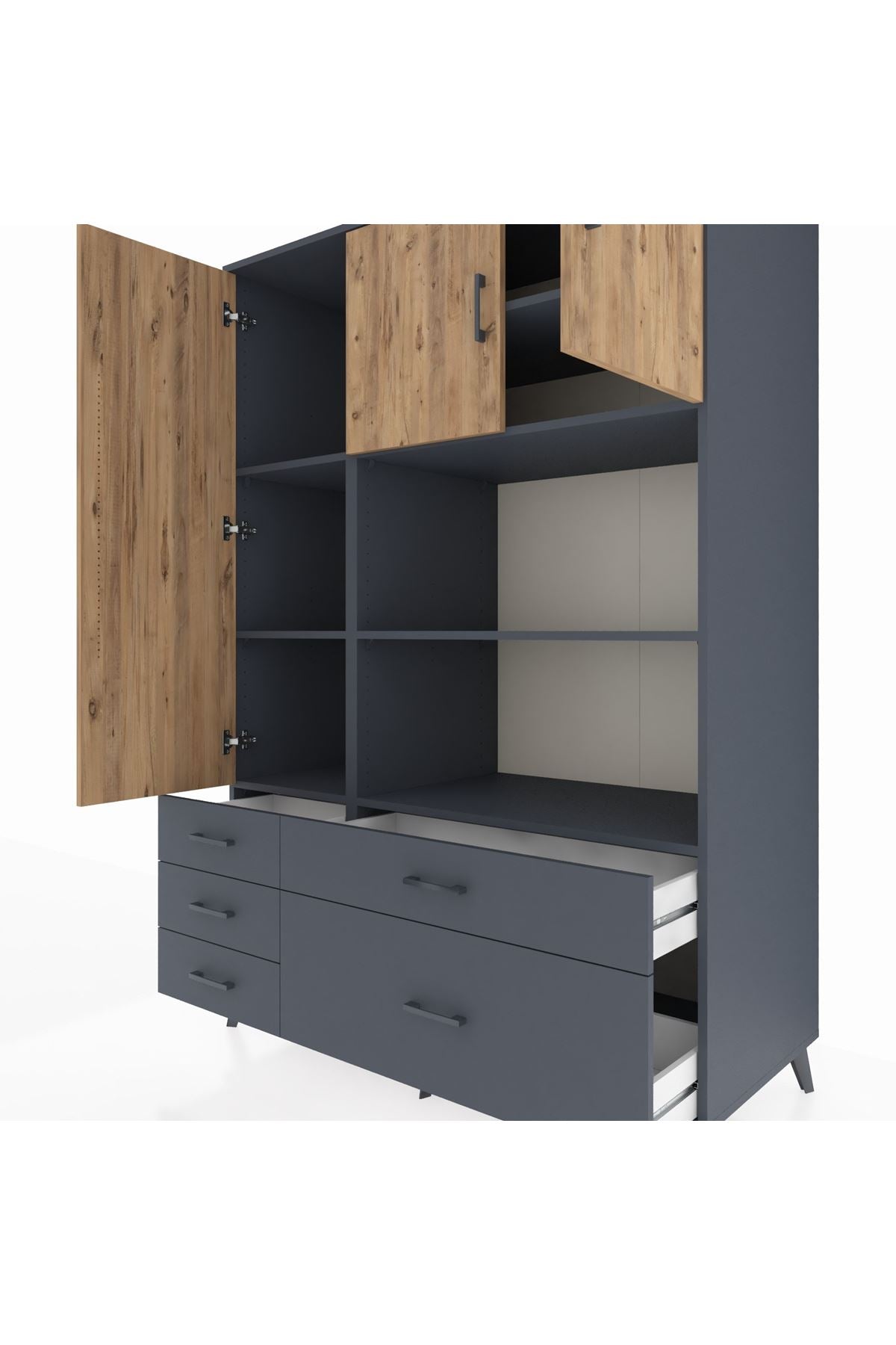 Kronos Dolap 7 Raflı 5 Çekmeceli 3 Kapaklı 132x59x195 Antrasit-Çam/Antrasit