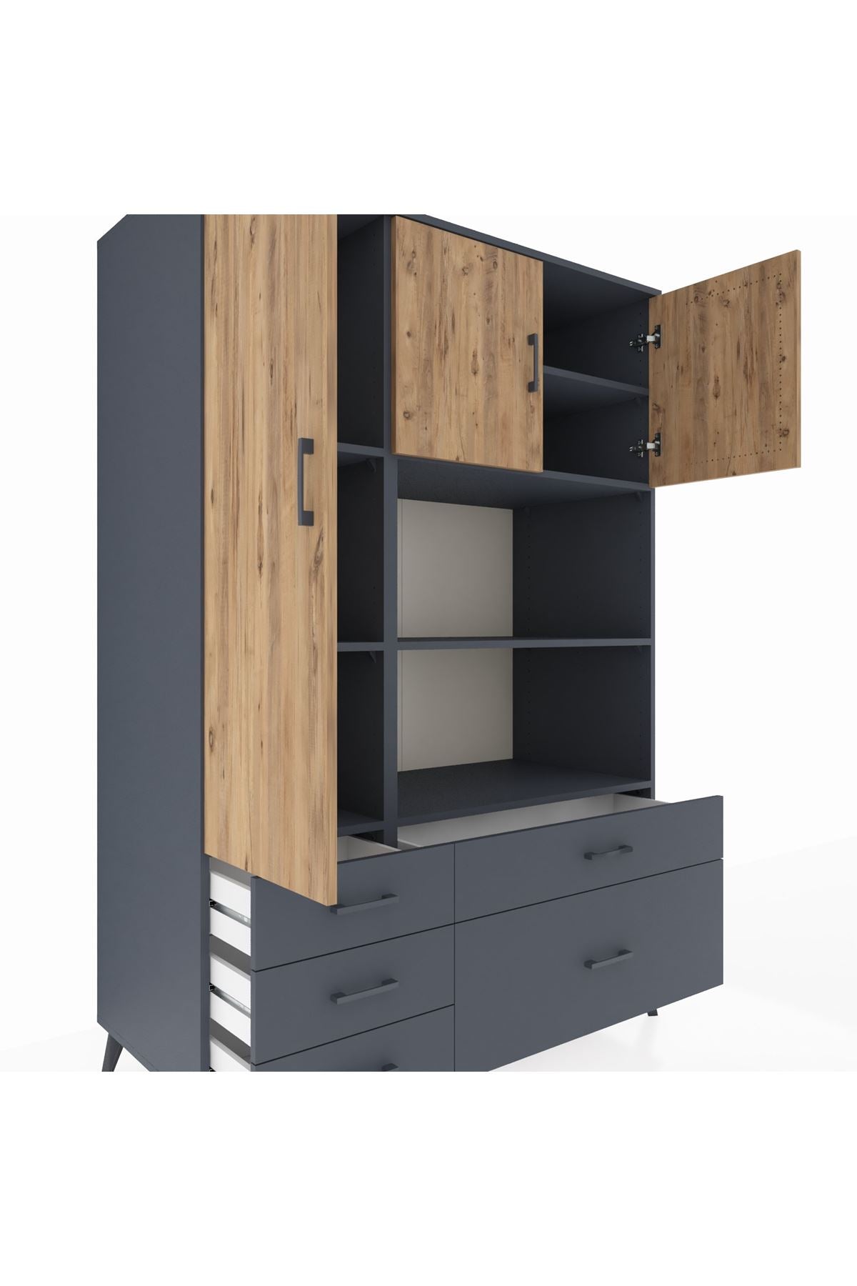 Kronos Dolap 7 Raflı 5 Çekmeceli 3 Kapaklı 132x59x195 Antrasit-Çam/Antrasit