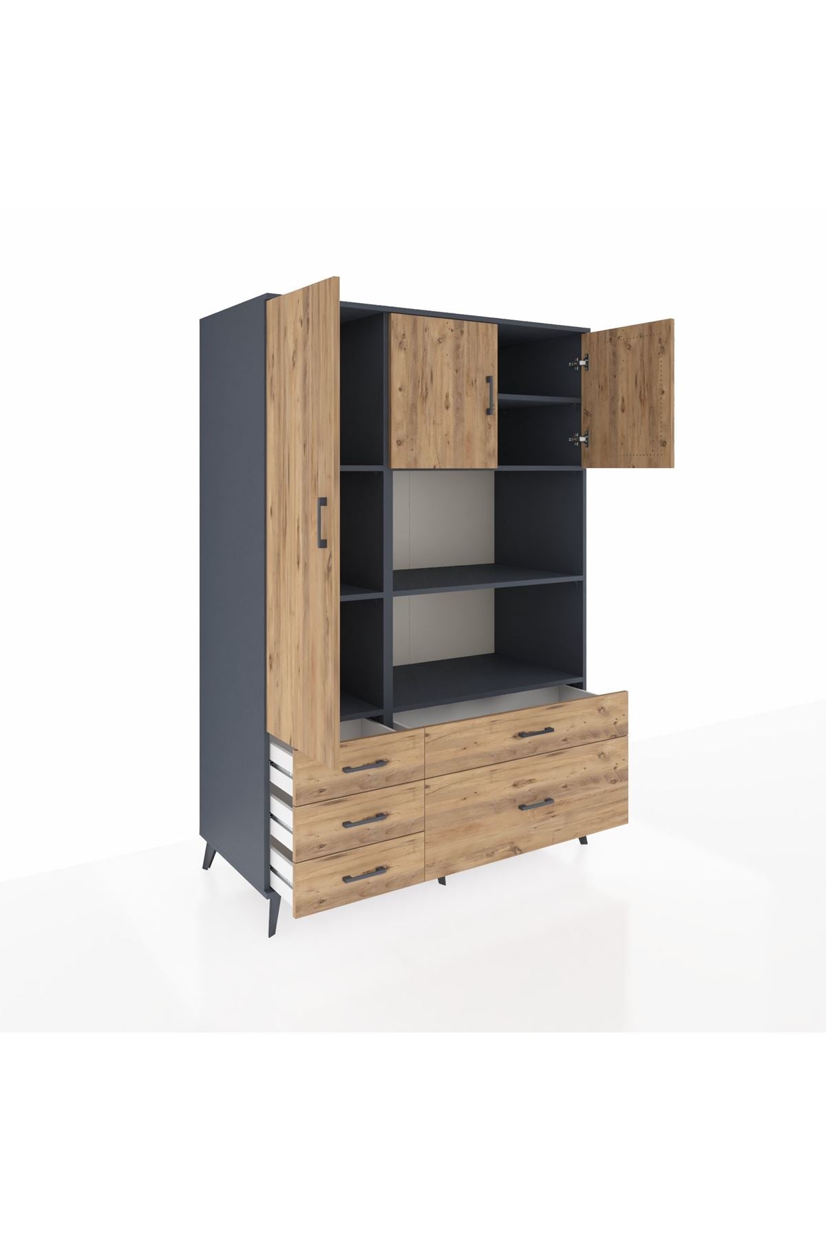 Kronos Dolap 7 Raflı 5 Çekmeceli 3 Kapaklı 132x59x195 Antrasit-Çam/Çam