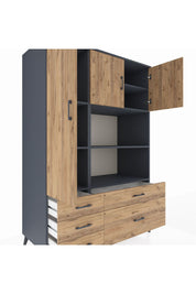 Kronos Dolap 7 Raflı 5 Çekmeceli 3 Kapaklı 132x59x195 Antrasit-Çam/Çam