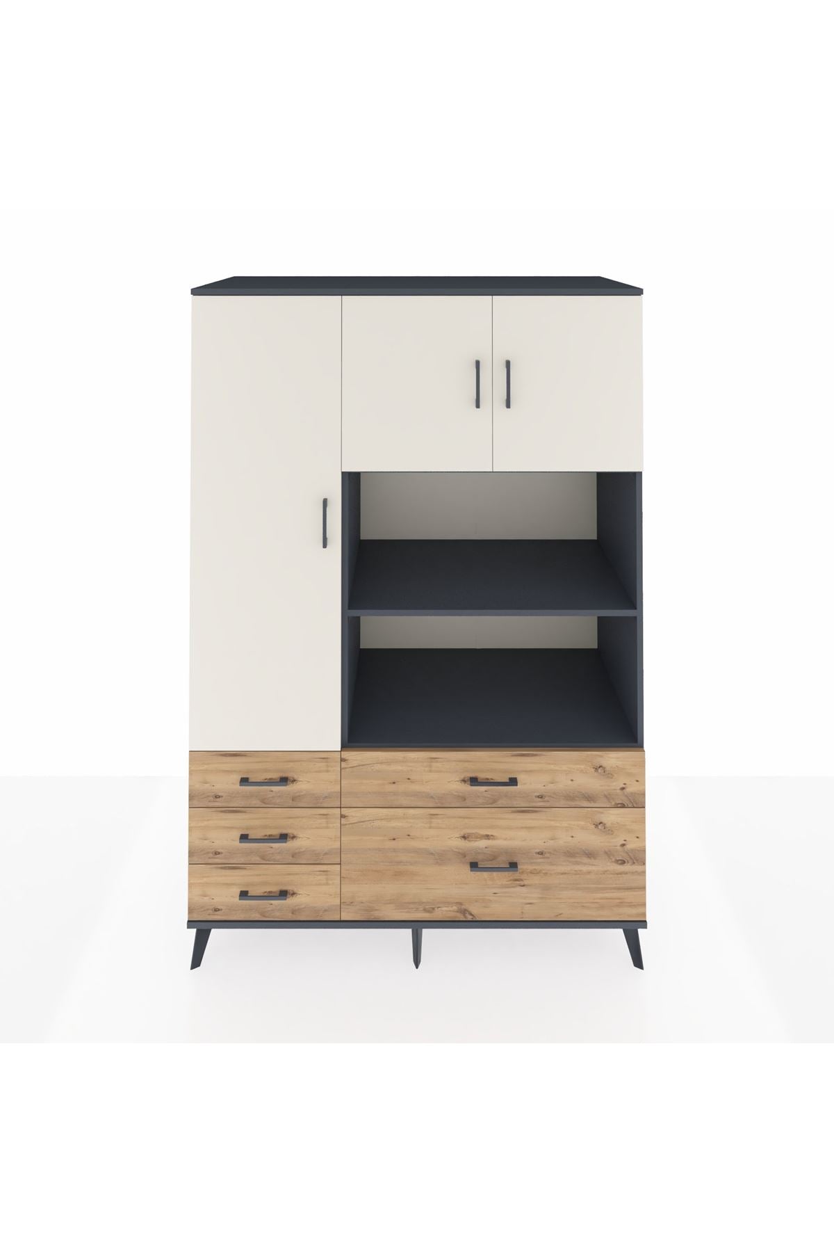 Kronos Dolap 7 Raflı 5 Çekmeceli 3 Kapaklı 132x59x195 Antrasit-Aytaşı/Çam