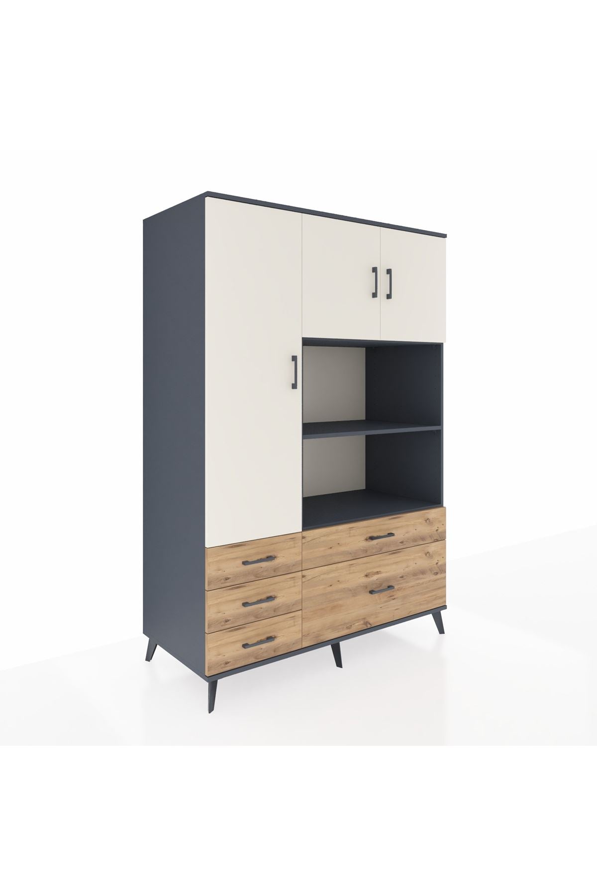 Kronos Dolap 7 Raflı 5 Çekmeceli 3 Kapaklı 132x59x195 Antrasit-Aytaşı/Çam