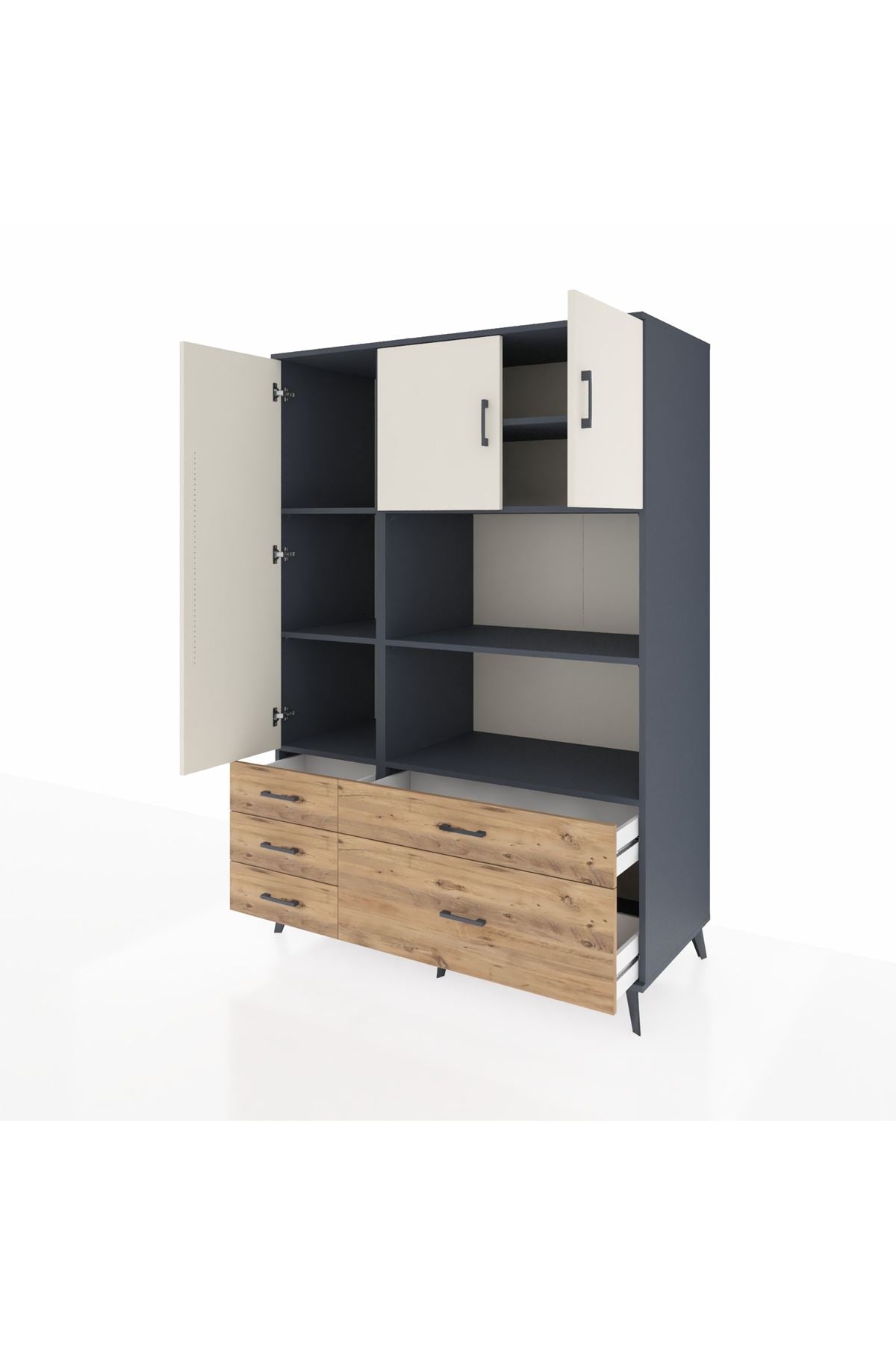 Kronos Dolap 7 Raflı 5 Çekmeceli 3 Kapaklı 132x59x195 Antrasit-Aytaşı/Çam