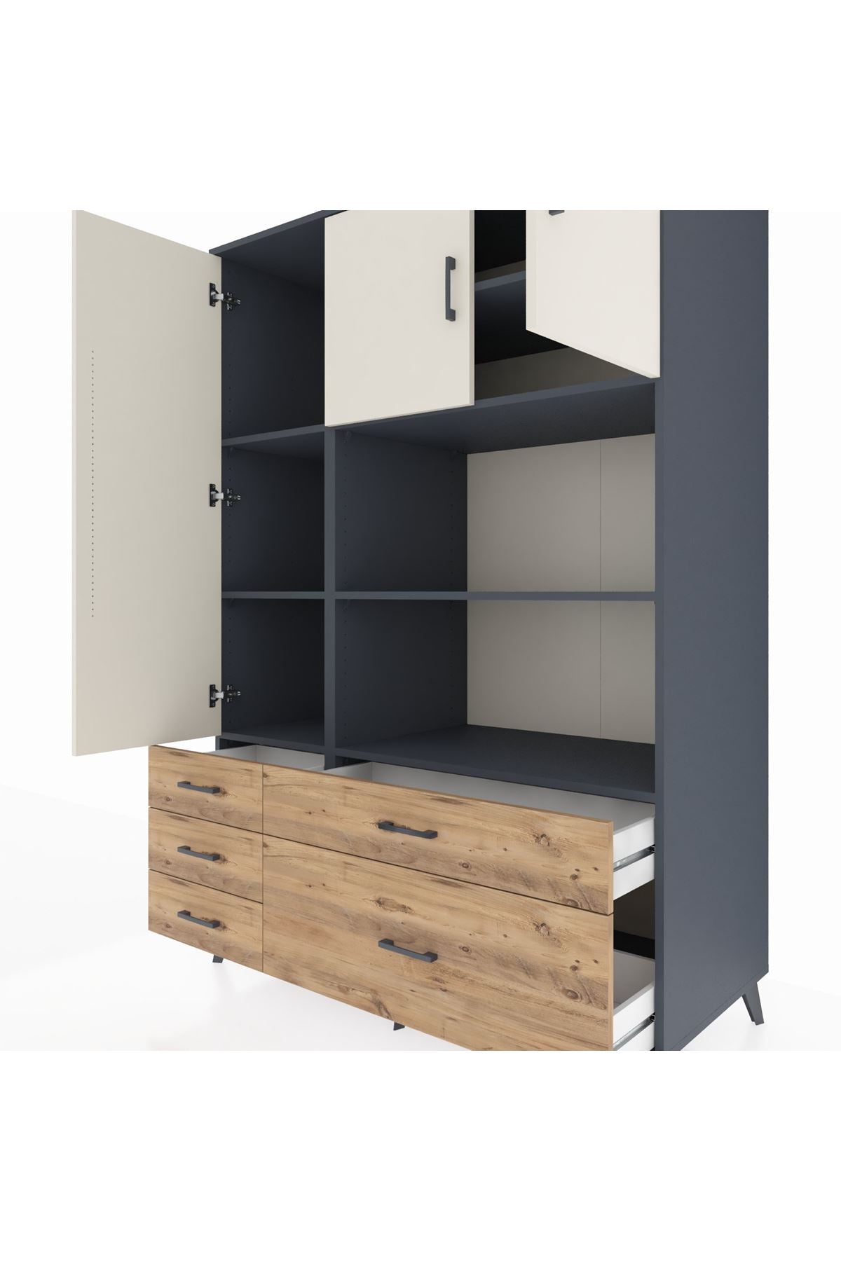 Kronos Dolap 7 Raflı 5 Çekmeceli 3 Kapaklı 132x59x195 Antrasit-Aytaşı/Çam