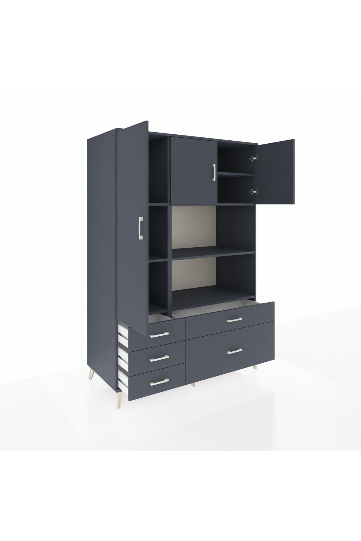 Kronos Dolap 7 Raflı 5 Çekmeceli 3 Kapaklı 132x59x195 Antrasit-Antrasit/Antrasit