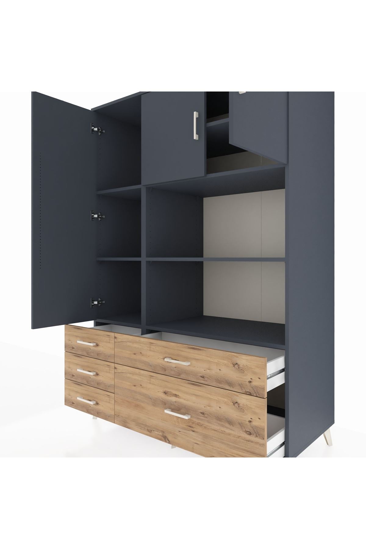 Kronos Dolap 7 Raflı 5 Çekmeceli 3 Kapaklı 132x59x195 Antrasit-Antrasit/Çam