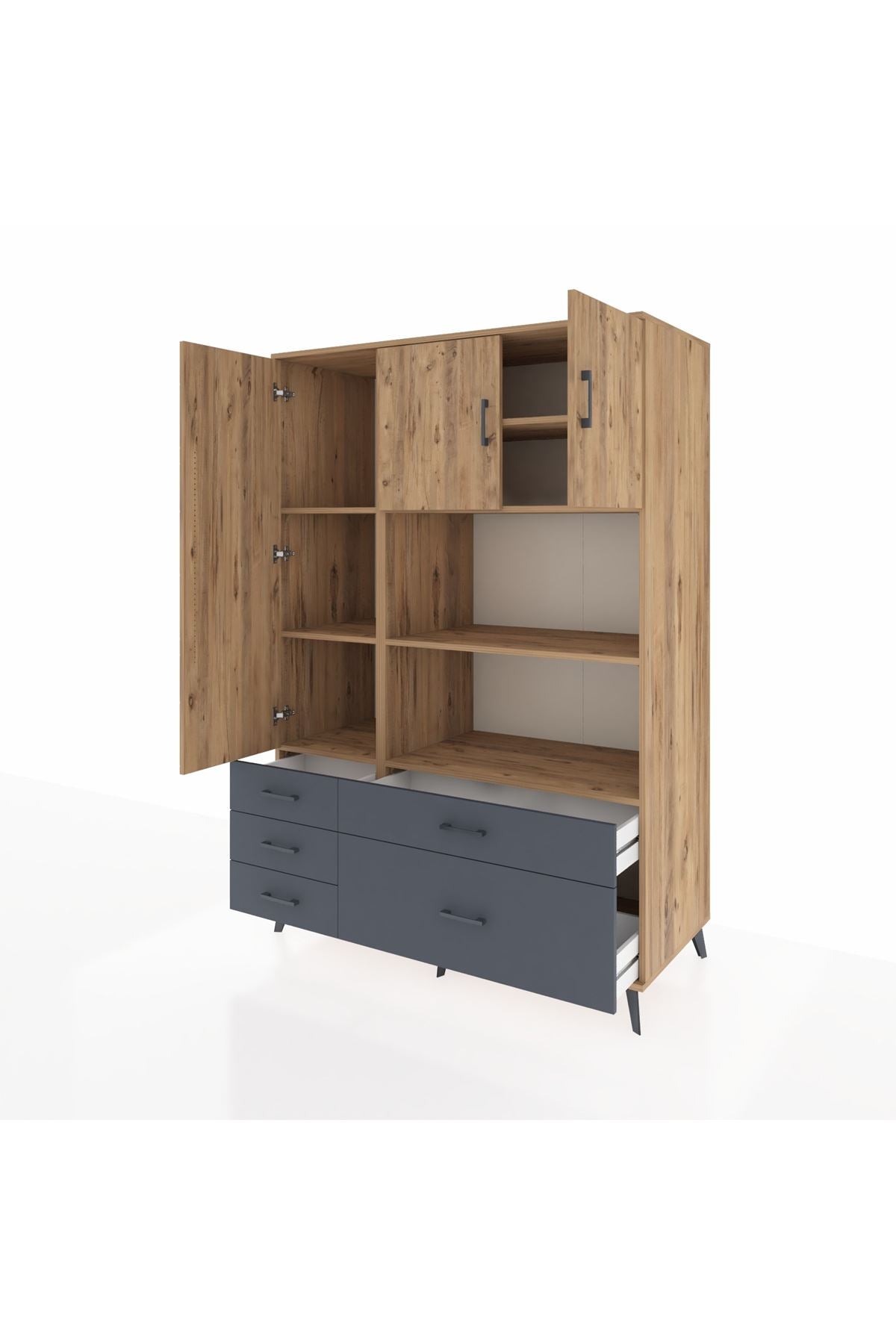 Kronos Dolap 7 Raflı 5 Çekmeceli 3 Kapaklı 132x59x195 Çam-Çam/Antrasit