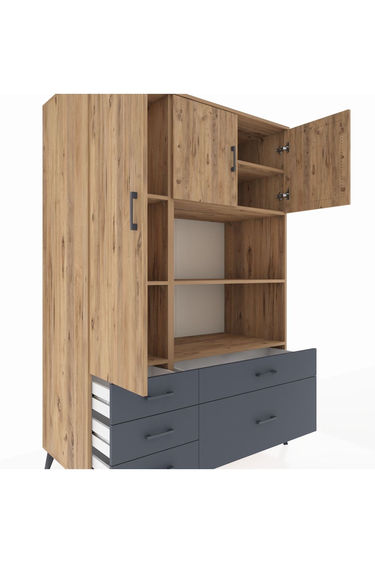 Kronos Dolap 7 Raflı 5 Çekmeceli 3 Kapaklı 132x59x195 Çam-Çam/Antrasit