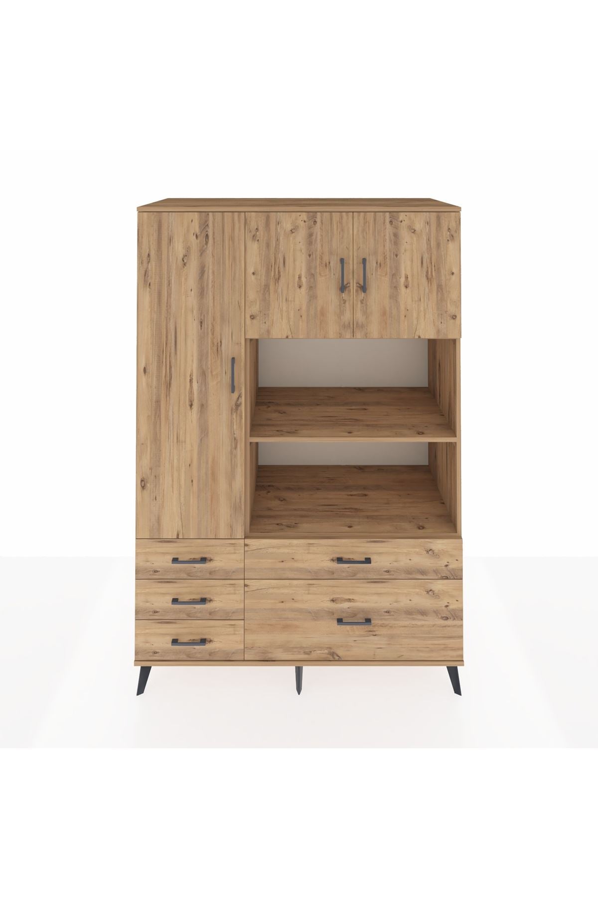 Kronos Dolap 7 Raflı 5 Çekmeceli 3 Kapaklı 132x59x195 Çam-Çam/Çam