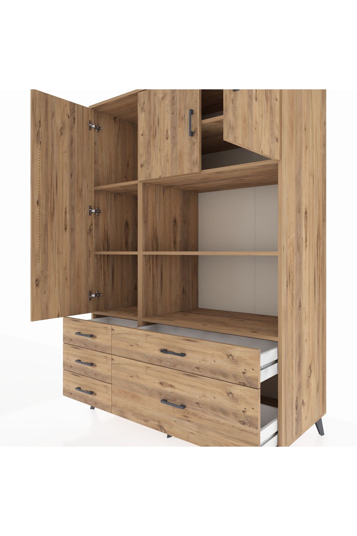 Kronos Dolap 7 Raflı 5 Çekmeceli 3 Kapaklı 132x59x195 Çam-Çam/Çam