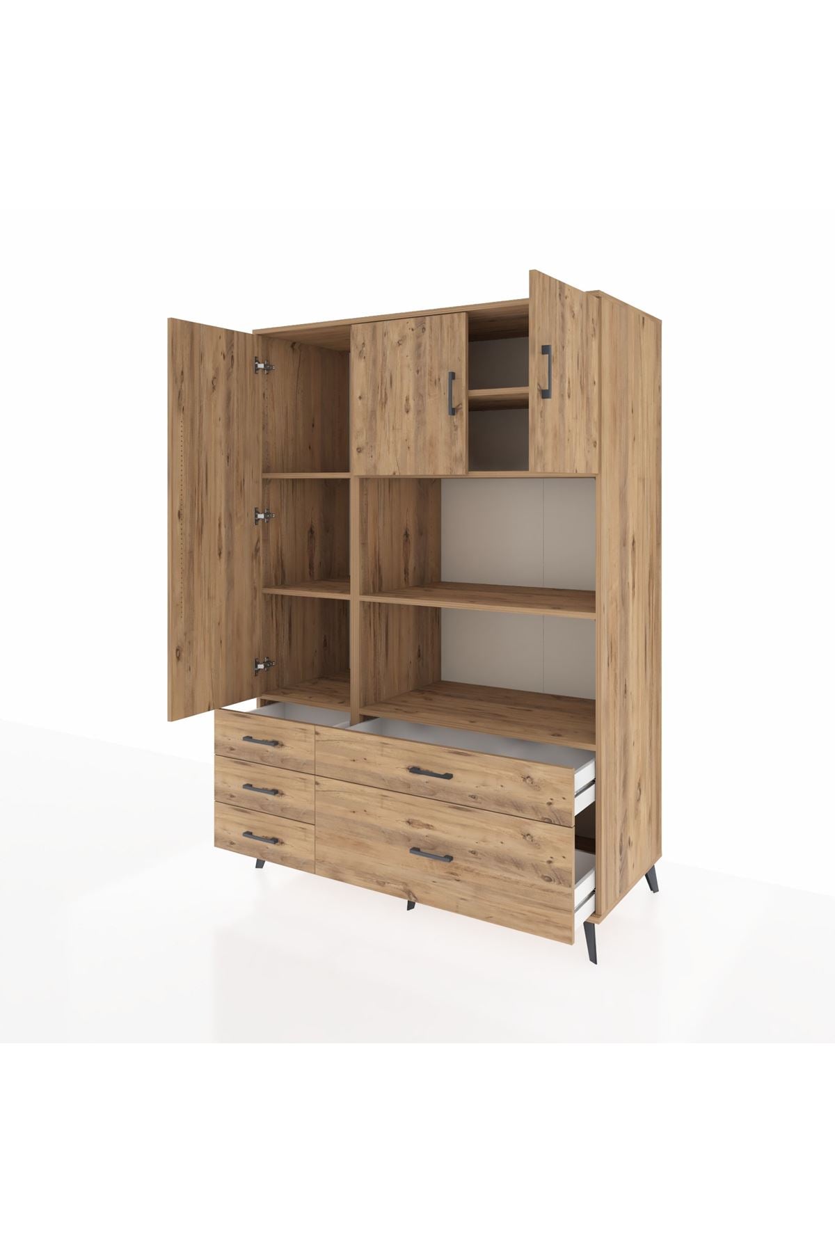 Kronos Dolap 7 Raflı 5 Çekmeceli 3 Kapaklı 132x59x195 Çam-Çam/Çam