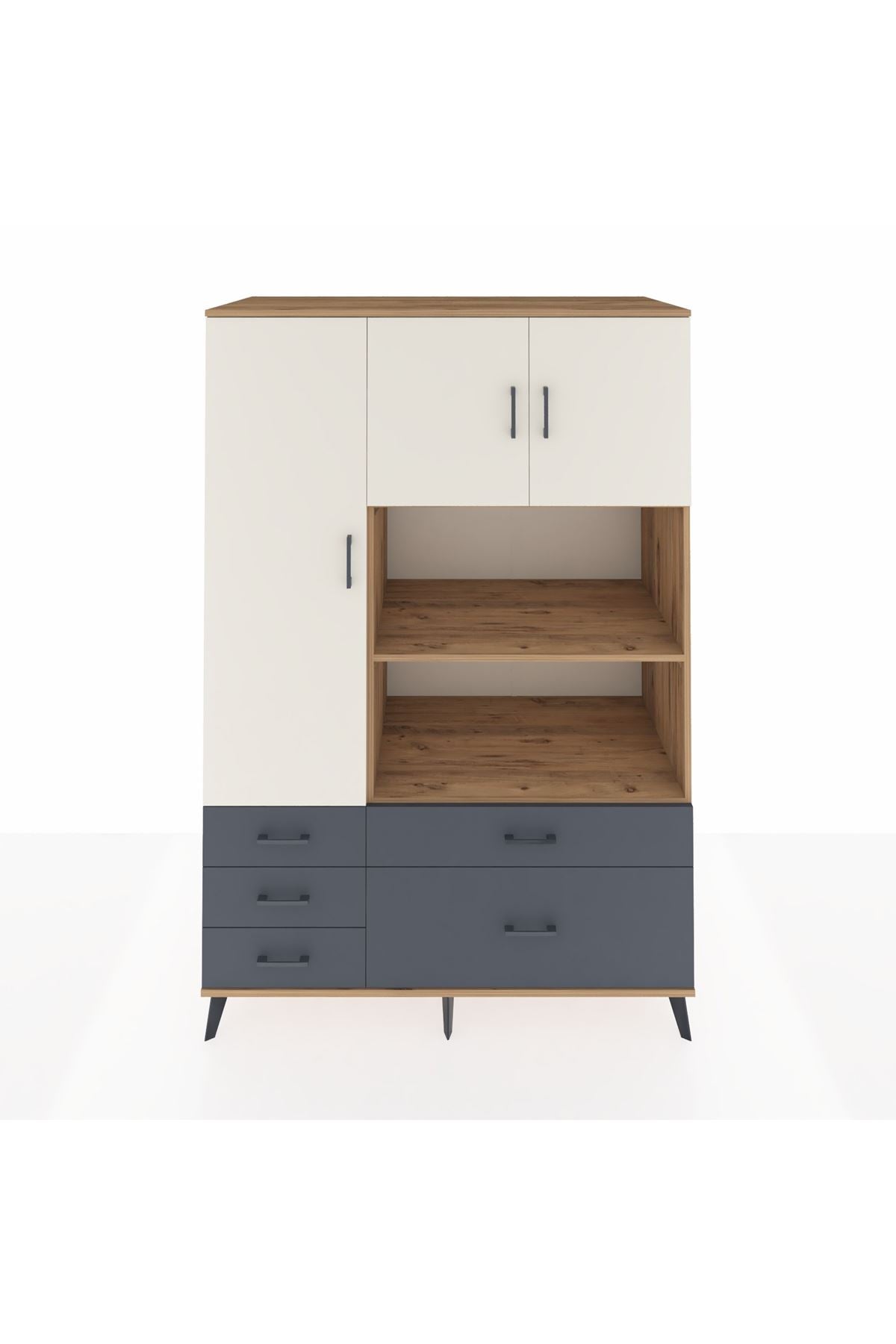 Kronos Dolap 7 Raflı 5 Çekmeceli 3 Kapaklı 132x59x195 Çam-Aytaşı/Antrasit