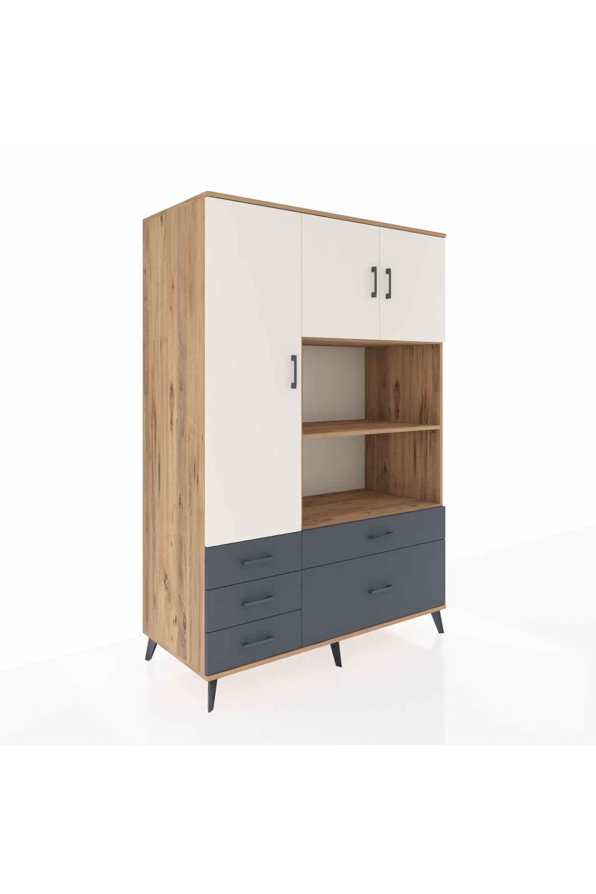 Kronos Dolap 7 Raflı 5 Çekmeceli 3 Kapaklı 132x59x195 Çam-Aytaşı/Antrasit