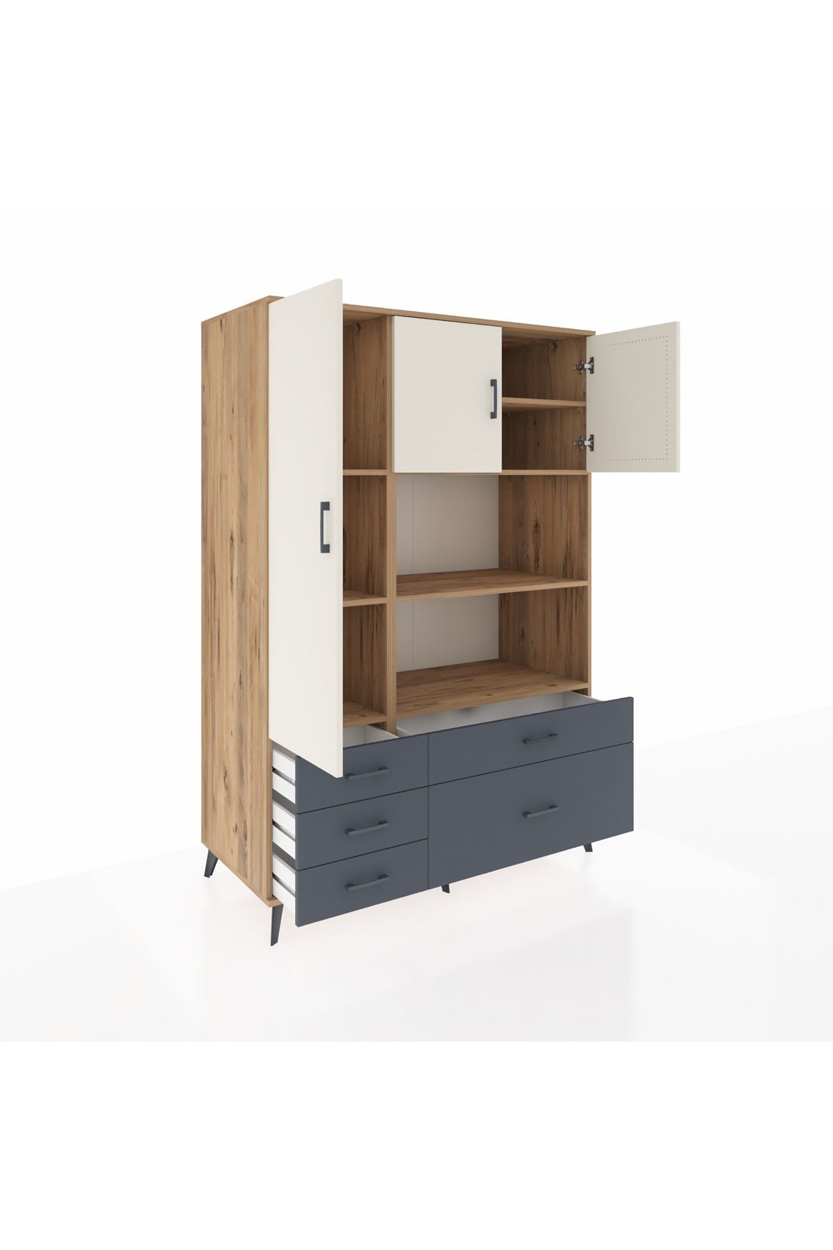 Kronos Dolap 7 Raflı 5 Çekmeceli 3 Kapaklı 132x59x195 Çam-Aytaşı/Antrasit