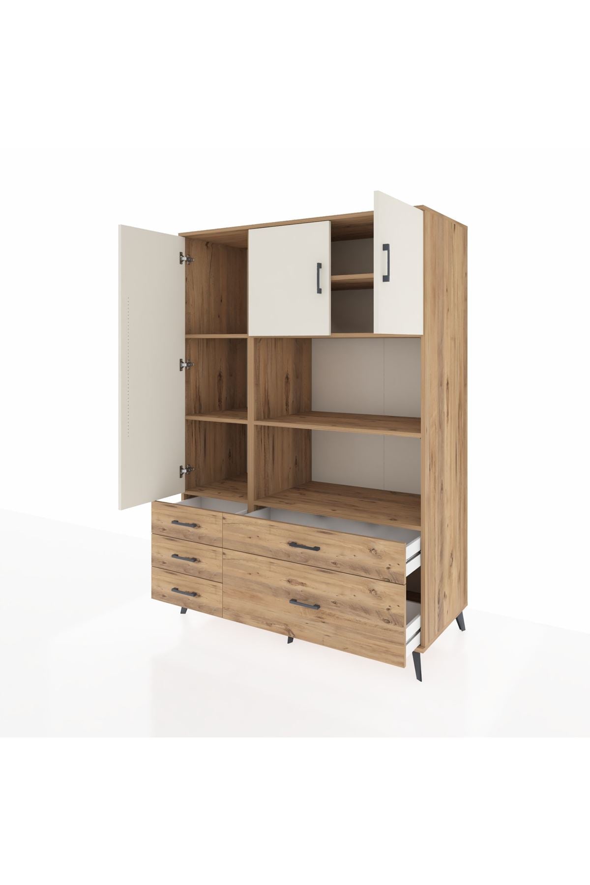 Kronos Dolap 7 Raflı 5 Çekmeceli 3 Kapaklı 132x59x195 Çam-Aytaşı/Çam