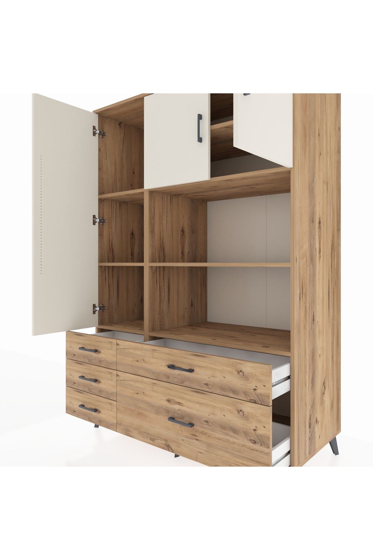 Kronos Dolap 7 Raflı 5 Çekmeceli 3 Kapaklı 132x59x195 Çam-Aytaşı/Çam