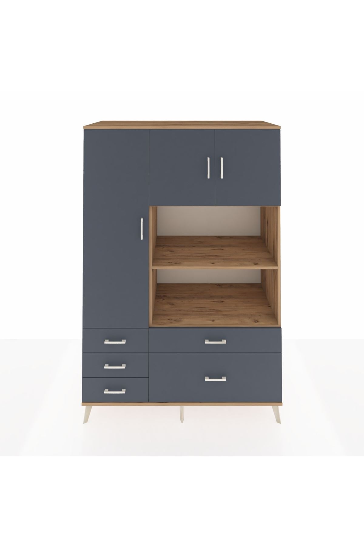 Kronos Dolap 7 Raflı 5 Çekmeceli 3 Kapaklı 132x59x195 Çam-Antrasit/Antrasit