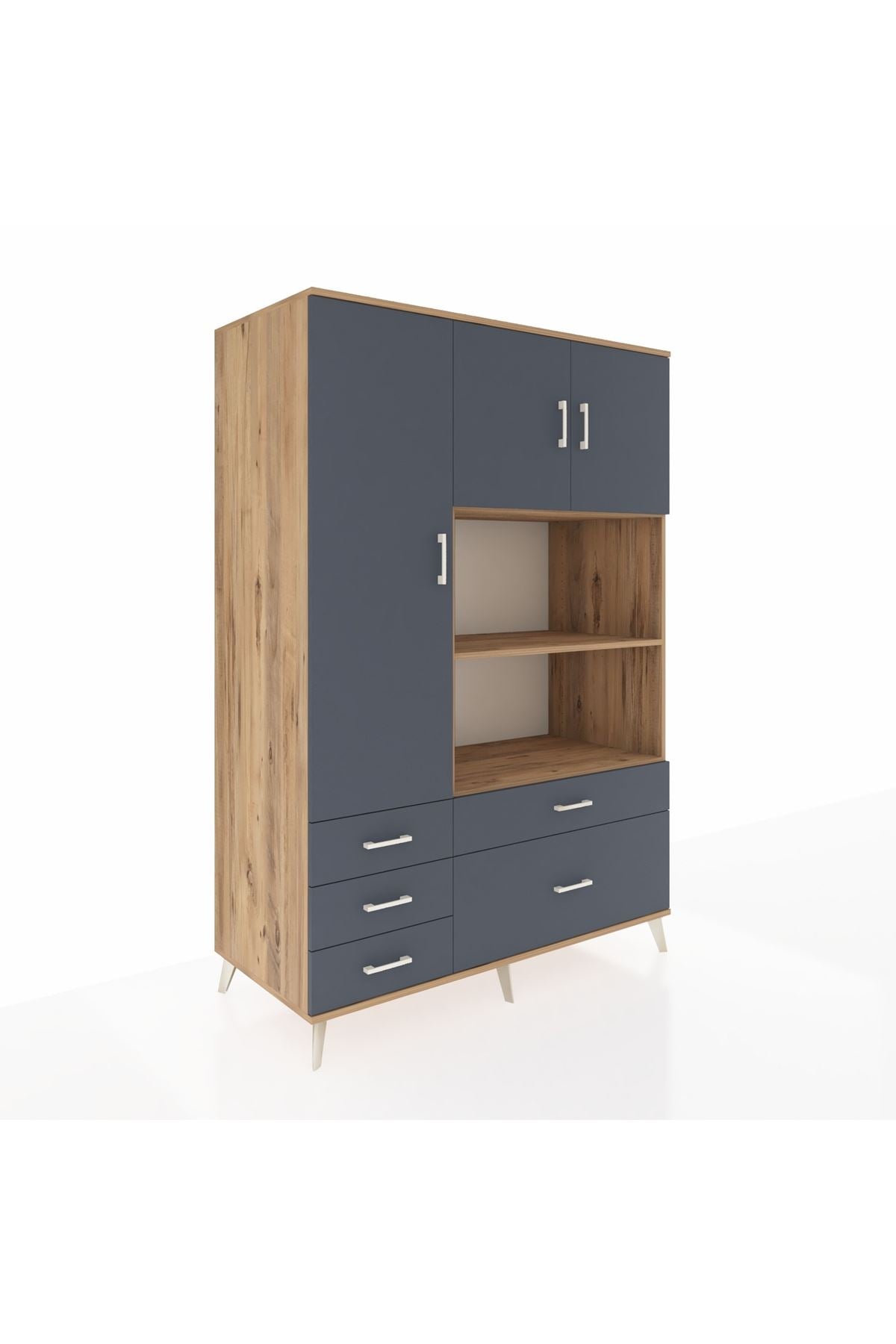 Kronos Dolap 7 Raflı 5 Çekmeceli 3 Kapaklı 132x59x195 Çam-Antrasit/Antrasit