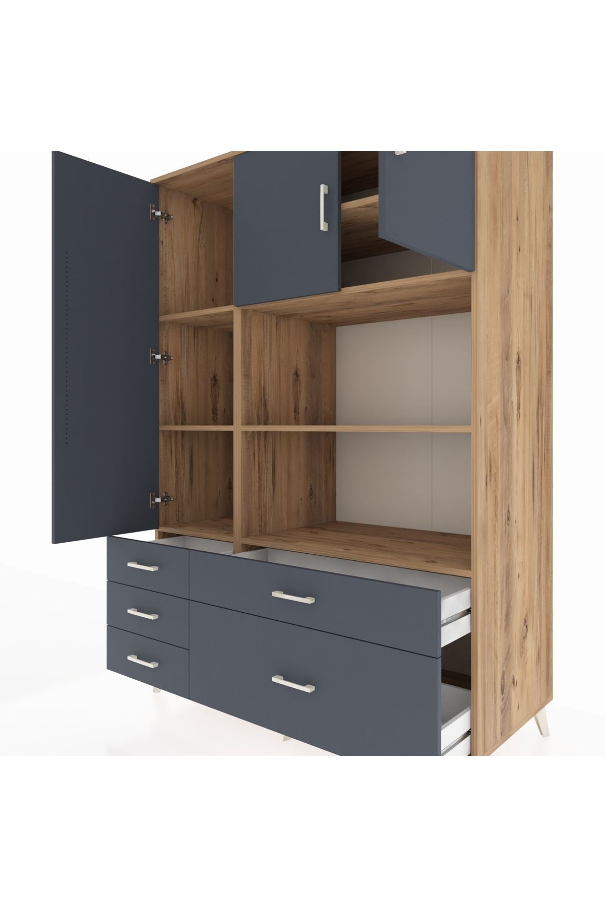 Kronos Dolap 7 Raflı 5 Çekmeceli 3 Kapaklı 132x59x195 Çam-Antrasit/Antrasit