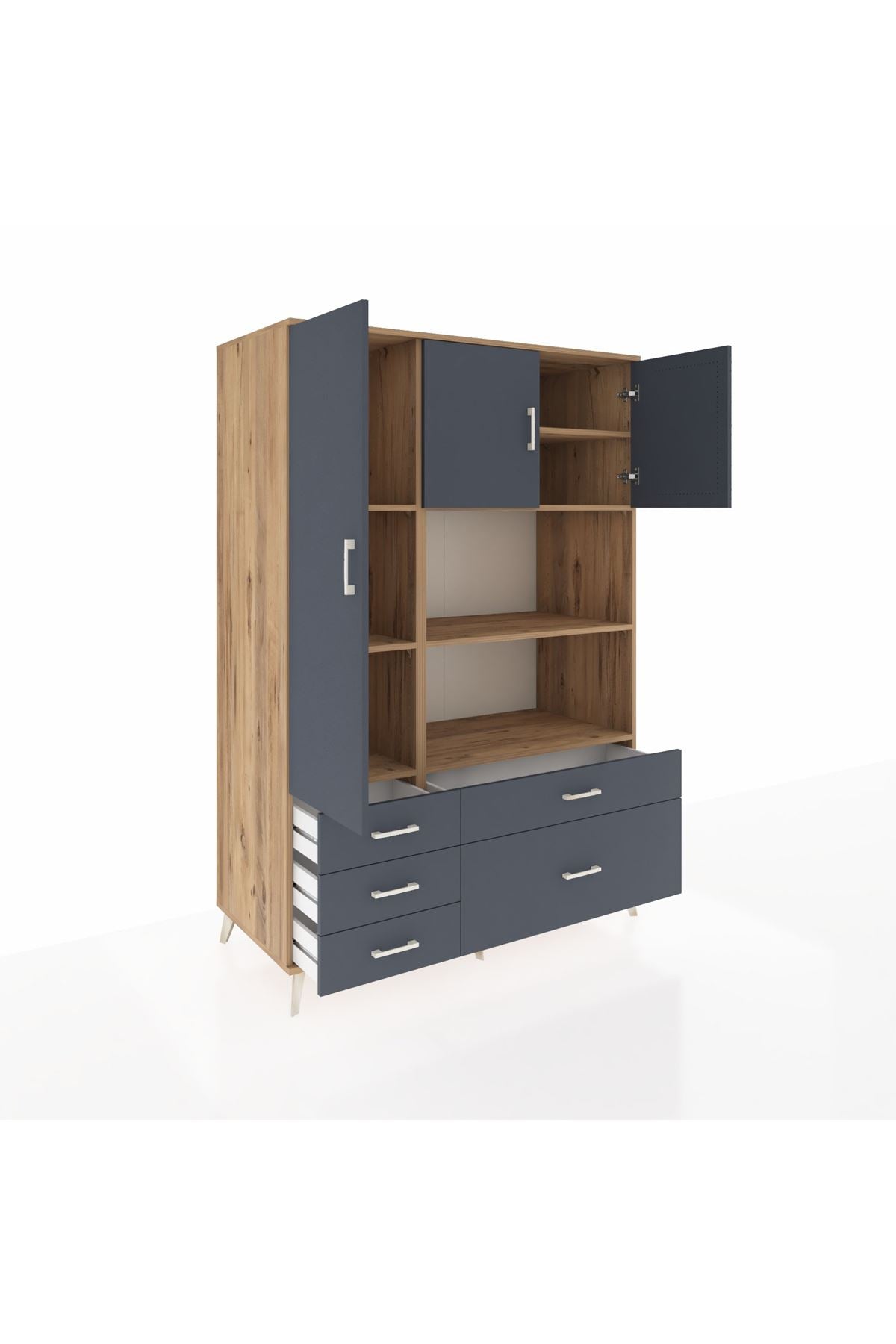 Kronos Dolap 7 Raflı 5 Çekmeceli 3 Kapaklı 132x59x195 Çam-Antrasit/Antrasit