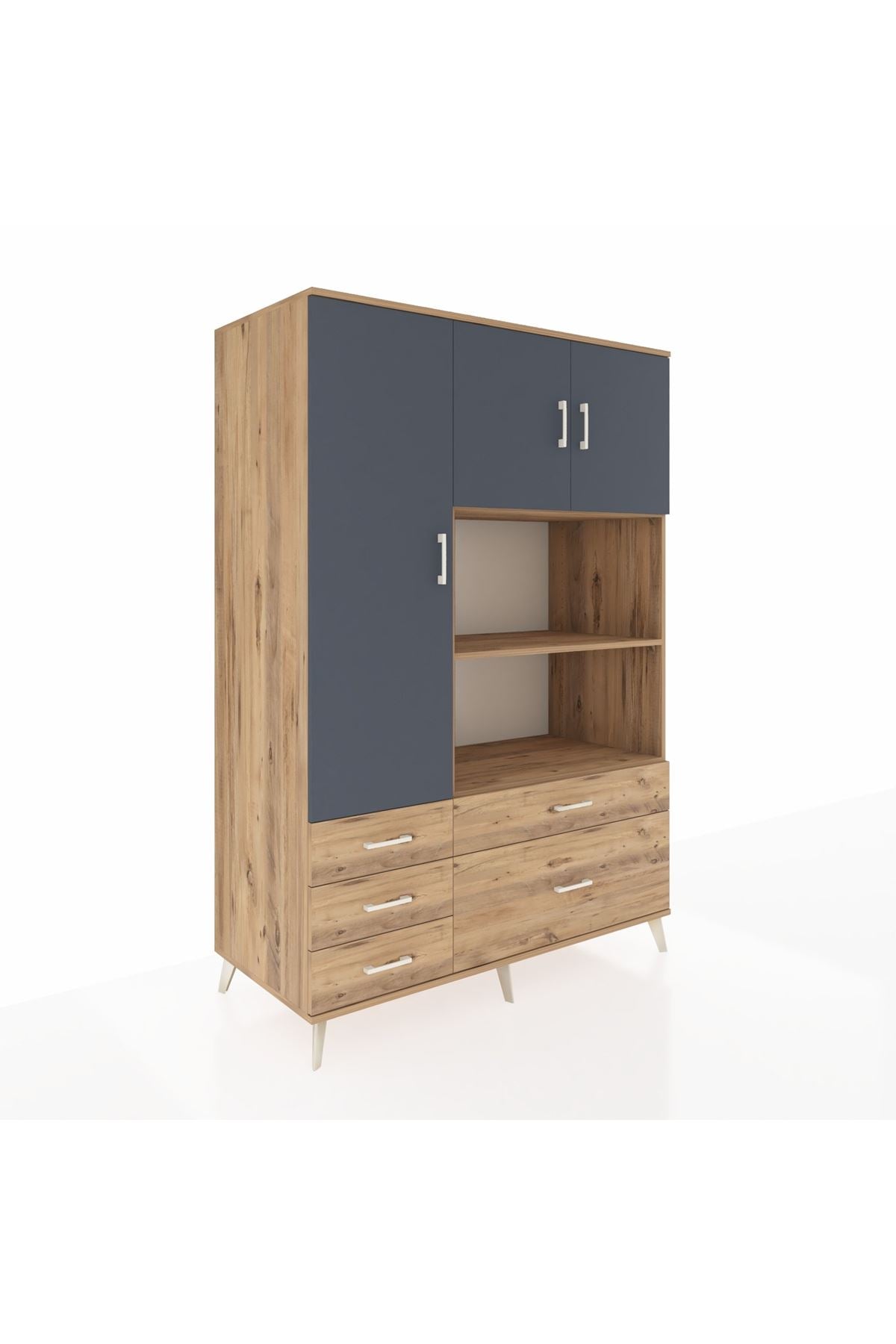 Kronos Dolap 7 Raflı 5 Çekmeceli 3 Kapaklı 132x59x195 Çam-Antrasit/Çam