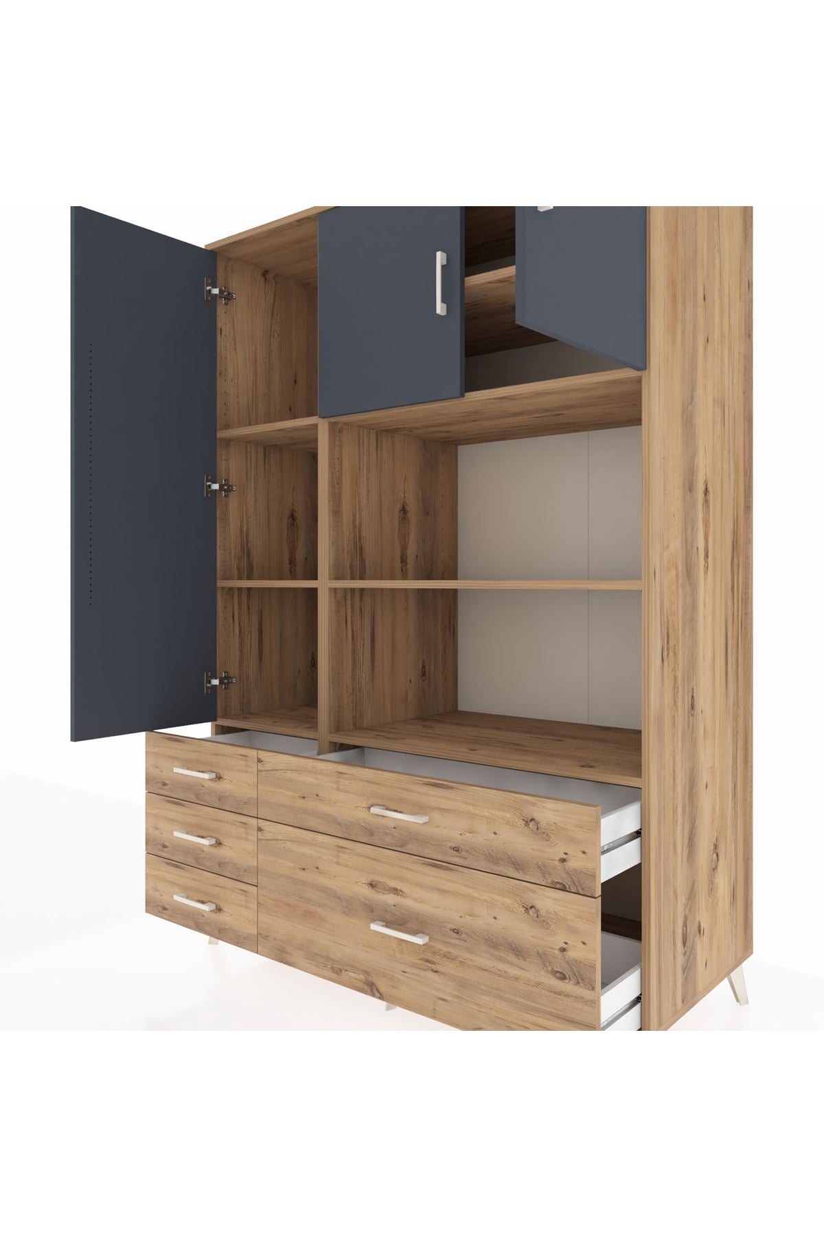 Kronos Dolap 7 Raflı 5 Çekmeceli 3 Kapaklı 132x59x195 Çam-Antrasit/Çam