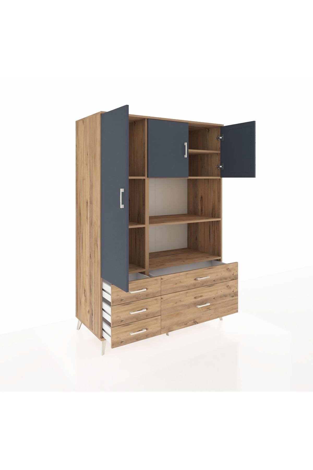 Kronos Dolap 7 Raflı 5 Çekmeceli 3 Kapaklı 132x59x195 Çam-Antrasit/Çam