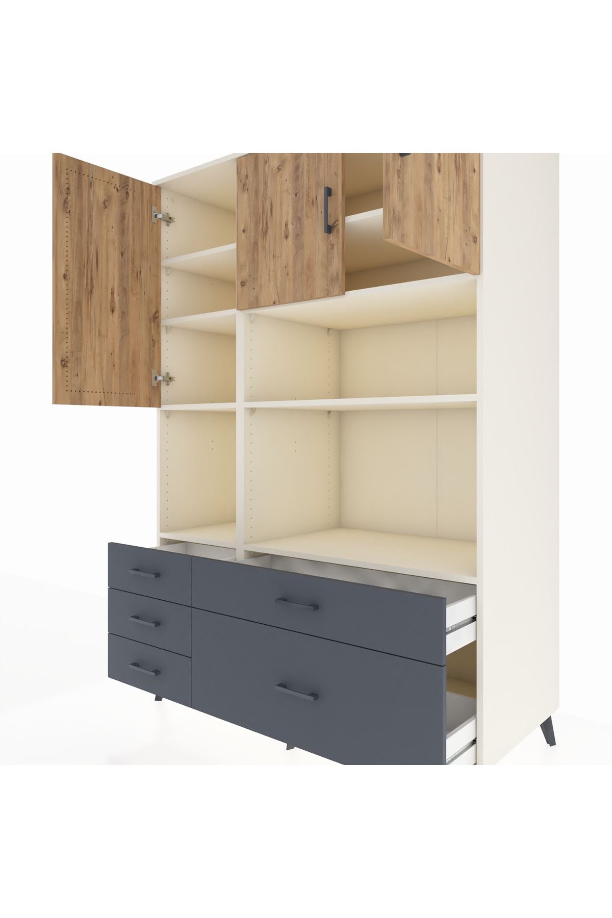 Kronos Dolap 8 Raflı 5 Çekmeceli 3 Kapaklı 132x59x195 Aytaşı-Çam/Antrasit