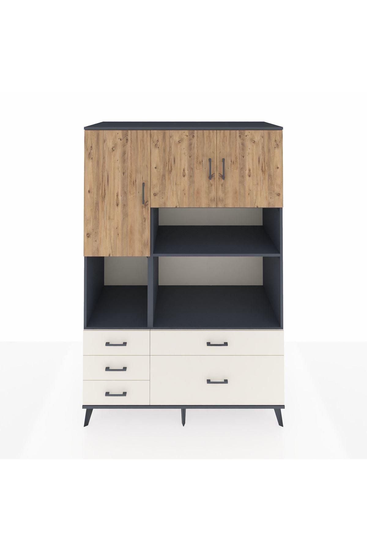 Kronos Dolap 8 Raflı 5 Çekmeceli 3 Kapaklı 132x59x195 Antrasit-Çam/Aytaşı