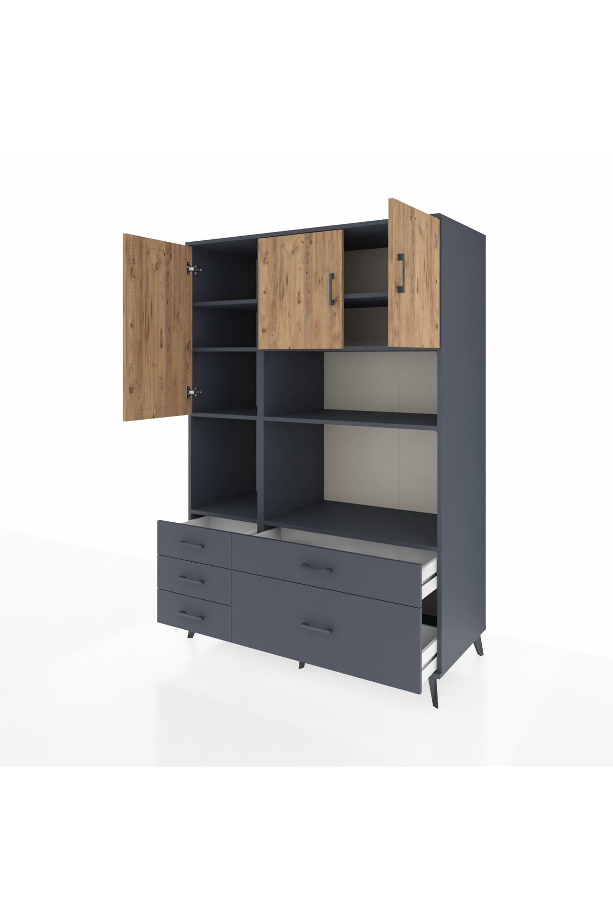 Kronos Dolap 8 Raflı 5 Çekmeceli 3 Kapaklı 132x59x195 Antrasit-Çam/Antrasit