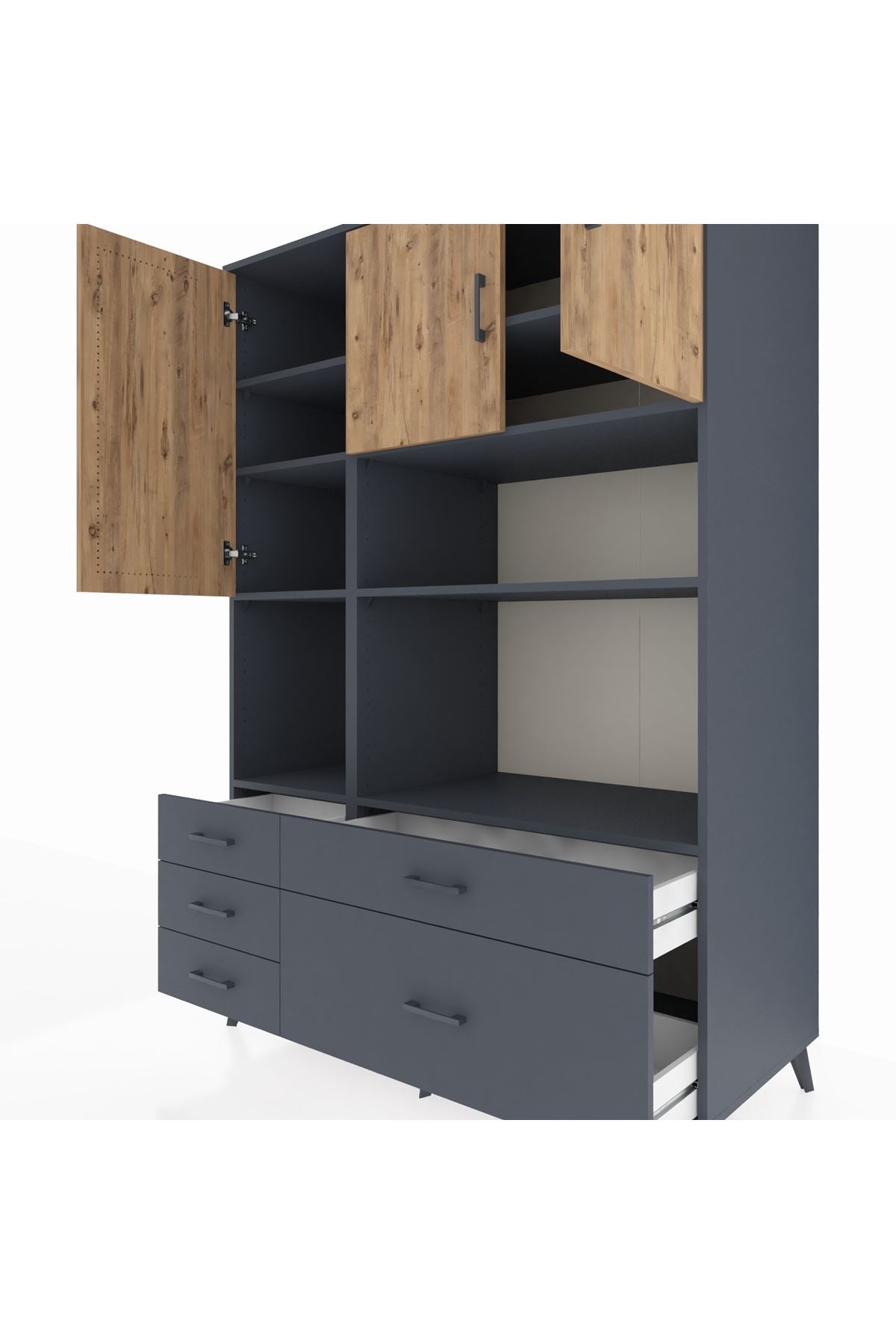 Kronos Dolap 8 Raflı 5 Çekmeceli 3 Kapaklı 132x59x195 Antrasit-Çam/Antrasit