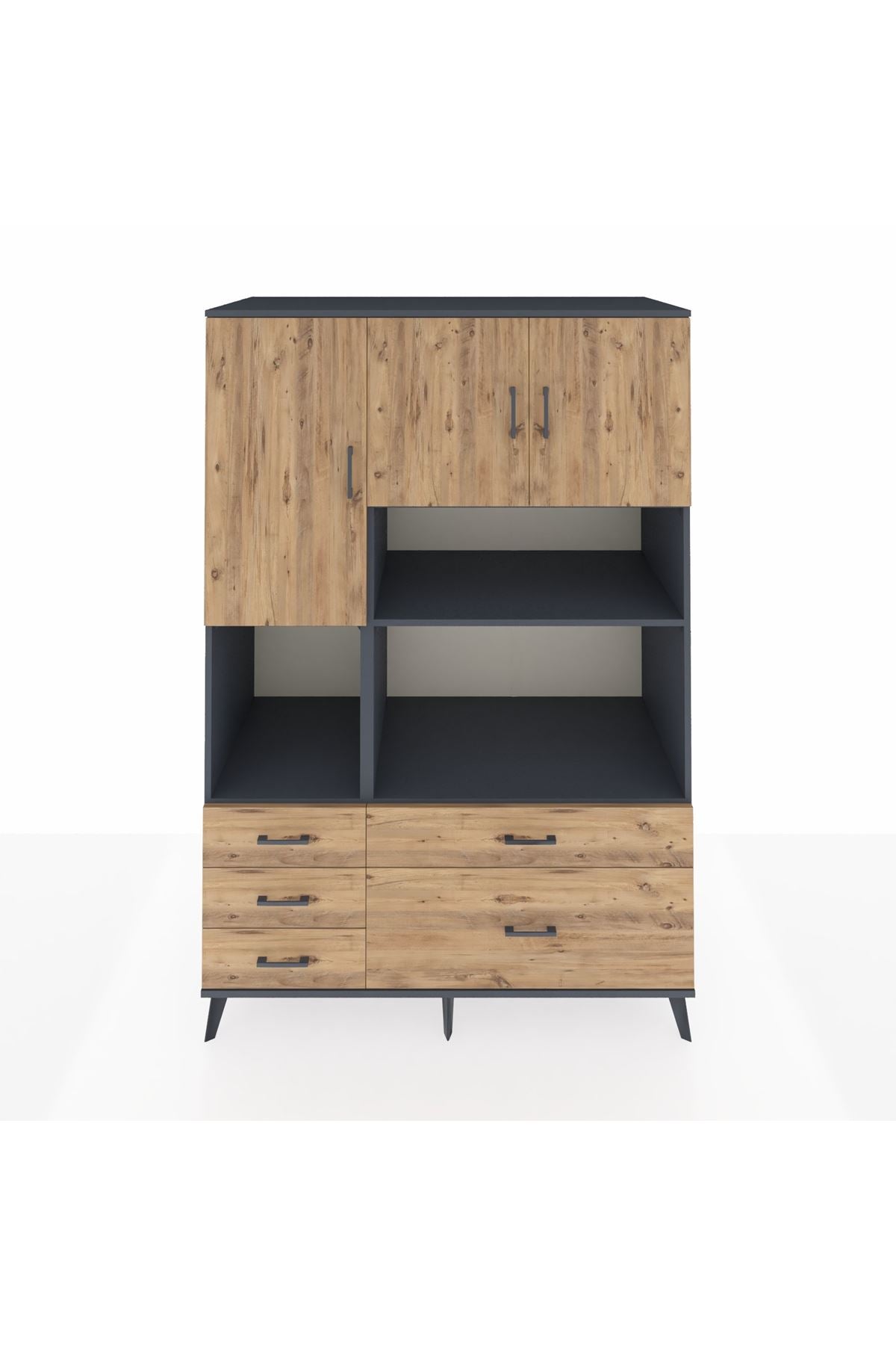 Kronos Dolap 8 Raflı 5 Çekmeceli 3 Kapaklı 132x59x195 Antrasit-Çam/Çam