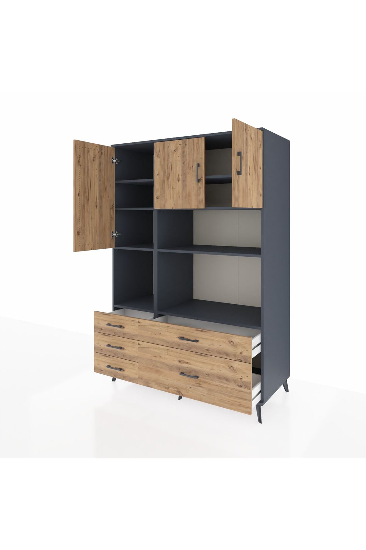 Kronos Dolap 8 Raflı 5 Çekmeceli 3 Kapaklı 132x59x195 Antrasit-Çam/Çam