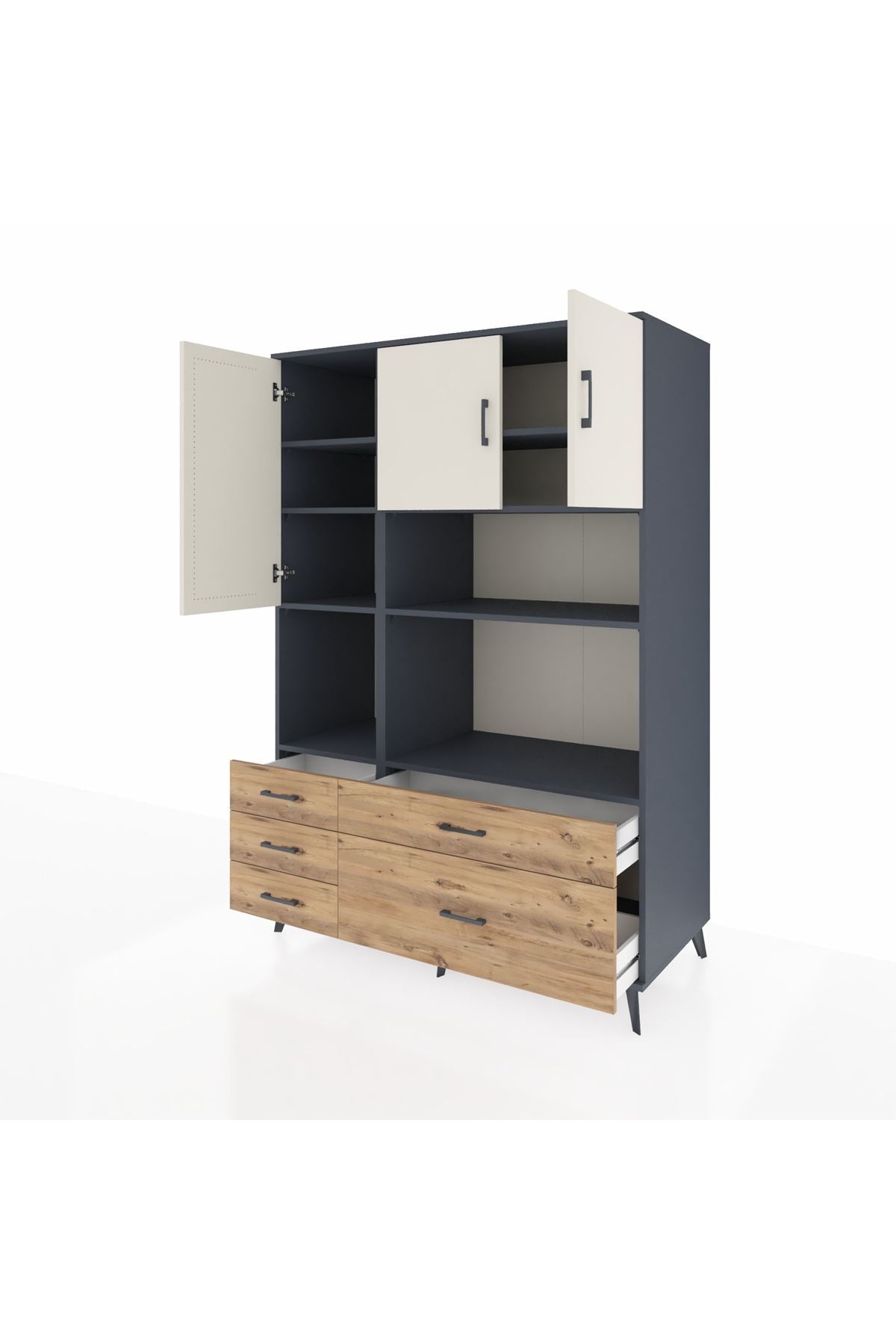 Kronos Dolap 8 Raflı 5 Çekmeceli 3 Kapaklı 132x59x195 Antrasit-Aytaşı/Çam