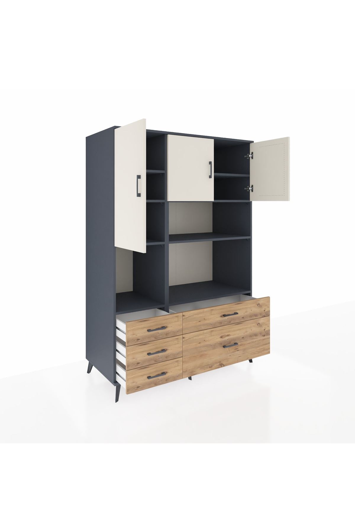 Kronos Dolap 8 Raflı 5 Çekmeceli 3 Kapaklı 132x59x195 Antrasit-Aytaşı/Çam