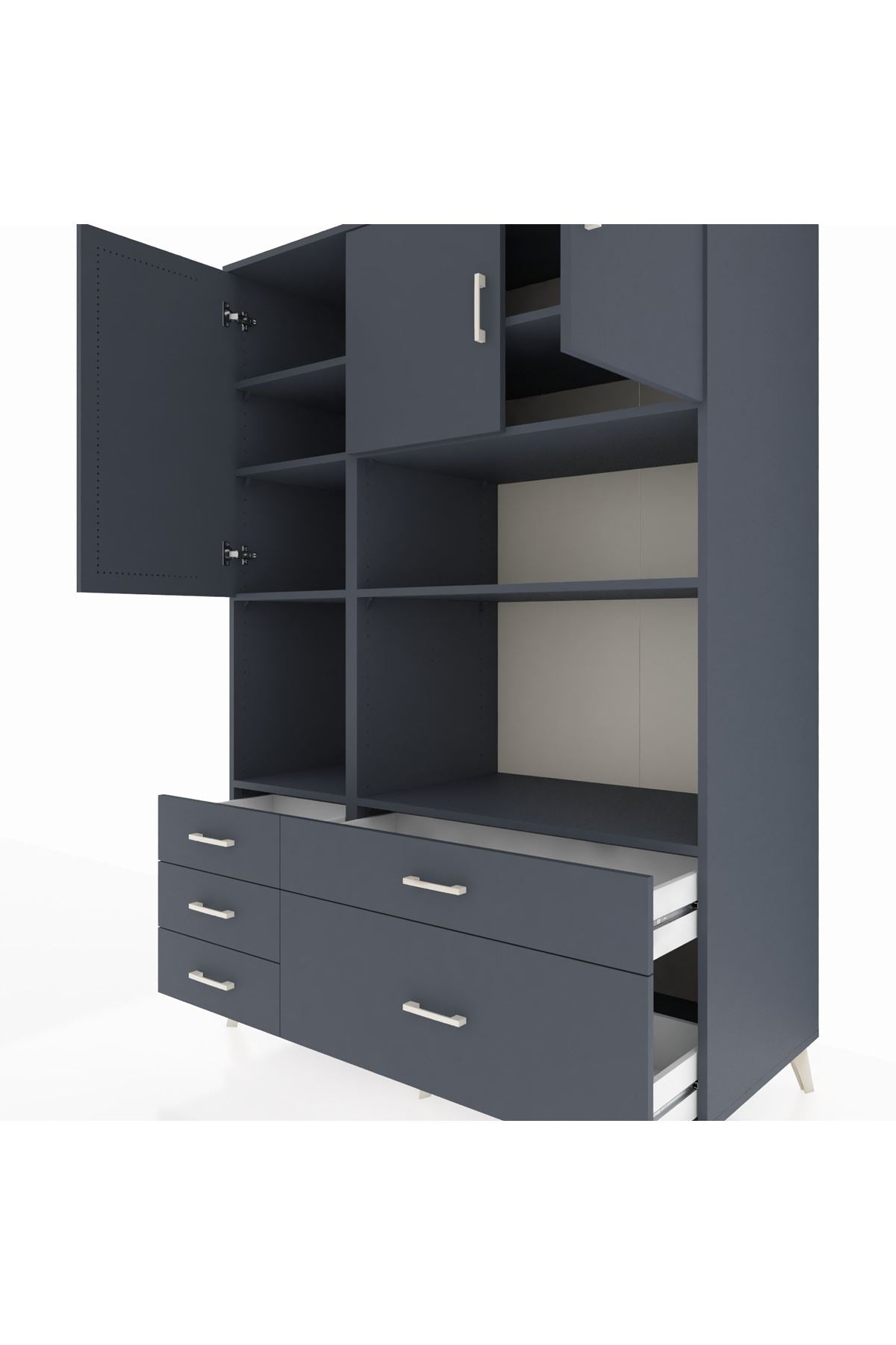 Kronos Dolap 8 Raflı 5 Çekmeceli 3 Kapaklı 132x59x195 Antrasit-Antrasit/Antrasit