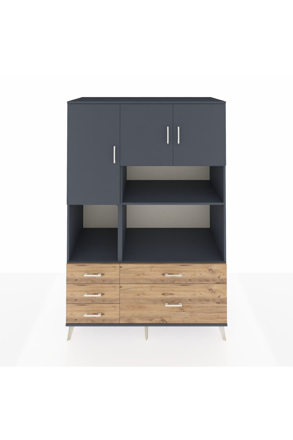 Kronos Dolap 8 Raflı 5 Çekmeceli 3 Kapaklı 132x59x195 Antrasit-Antrasit/Çam