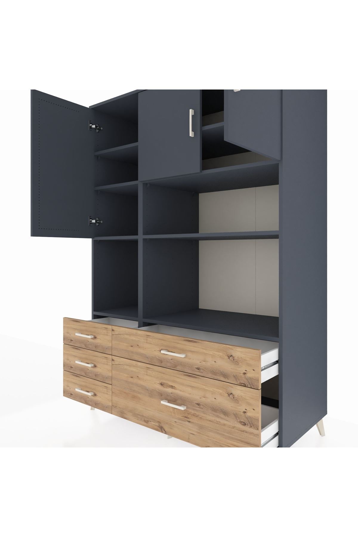 Kronos Dolap 8 Raflı 5 Çekmeceli 3 Kapaklı 132x59x195 Antrasit-Antrasit/Çam