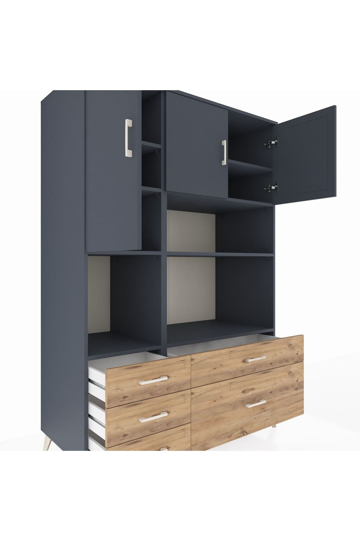 Kronos Dolap 8 Raflı 5 Çekmeceli 3 Kapaklı 132x59x195 Antrasit-Antrasit/Çam