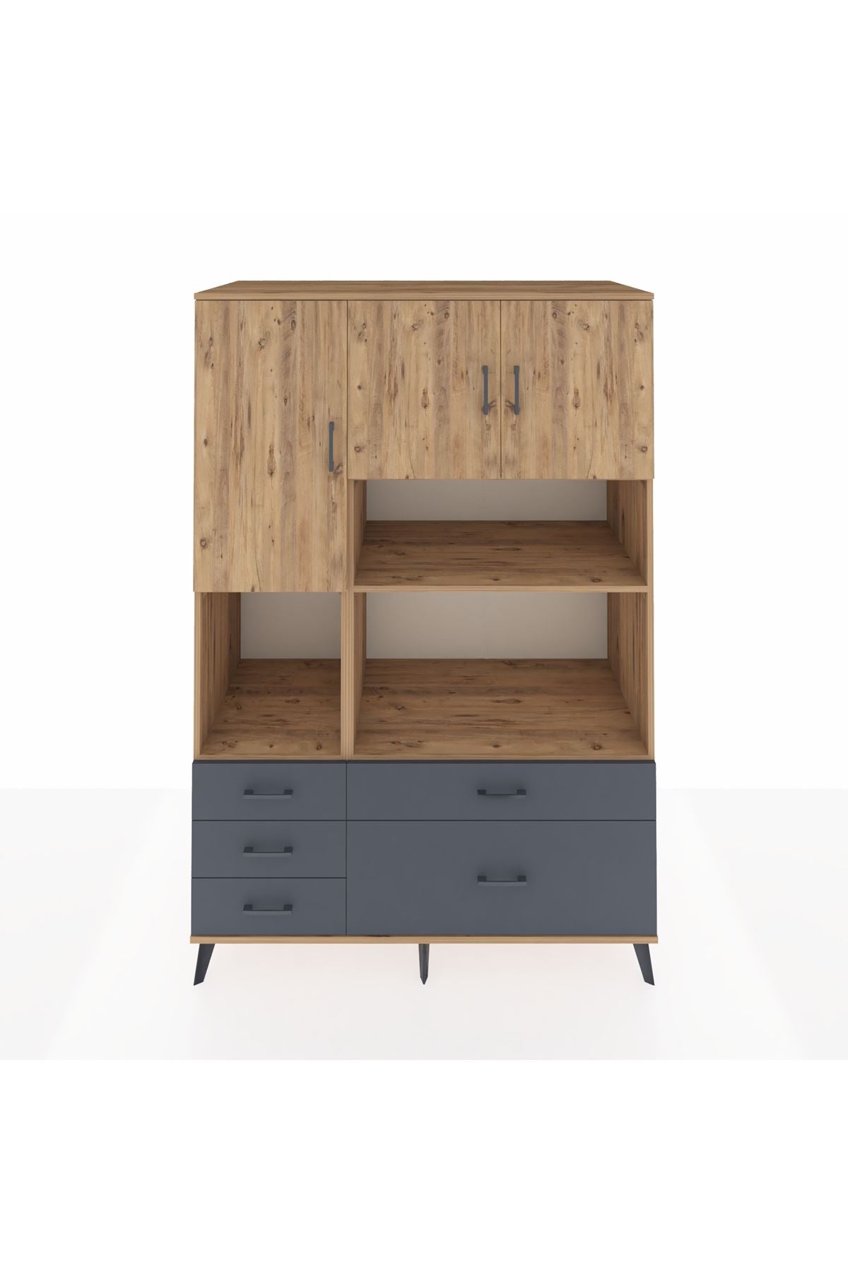 Kronos Dolap 8 Raflı 5 Çekmeceli 3 Kapaklı 132x59x195 Çam-Çam/Antrasit