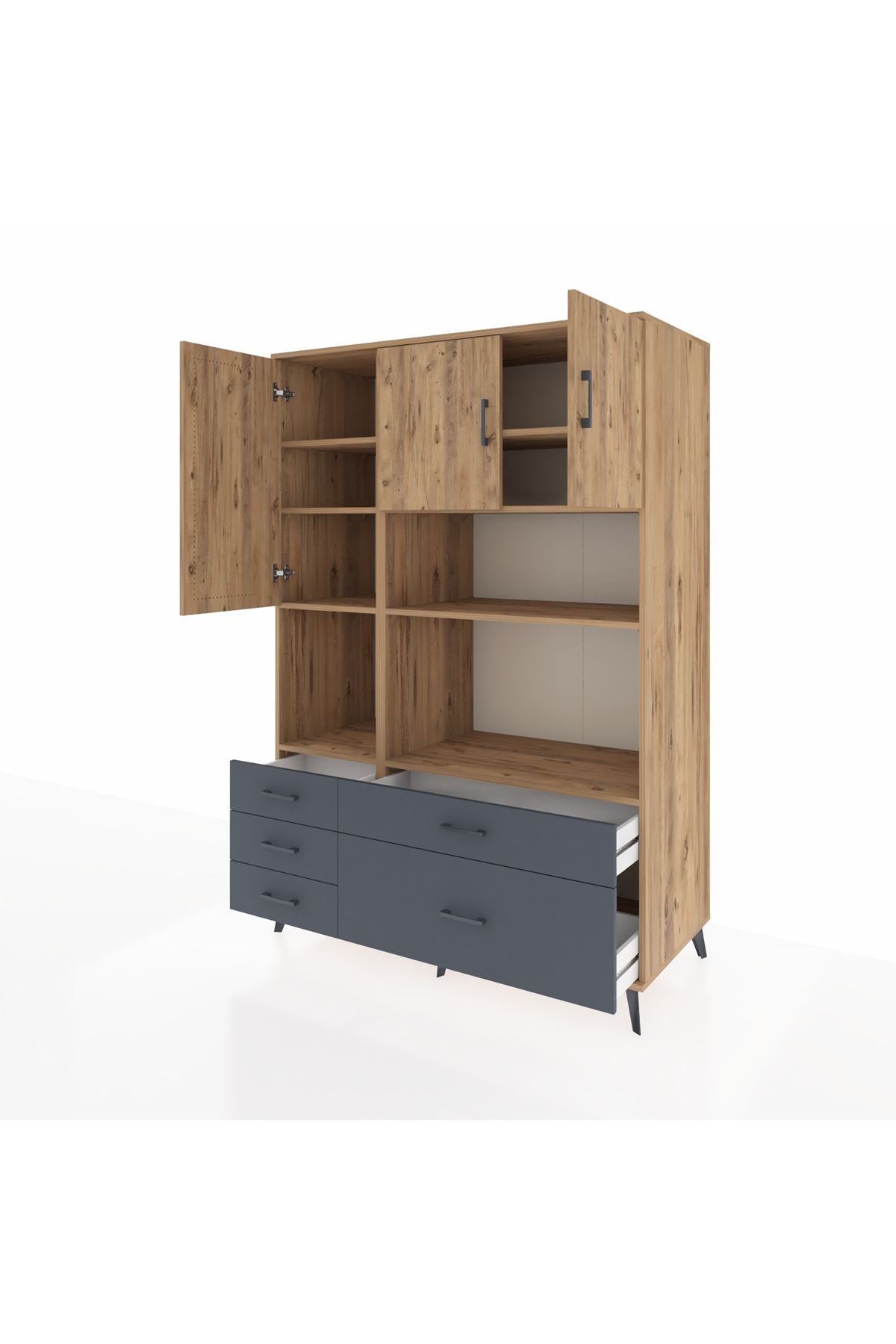 Kronos Dolap 8 Raflı 5 Çekmeceli 3 Kapaklı 132x59x195 Çam-Çam/Antrasit