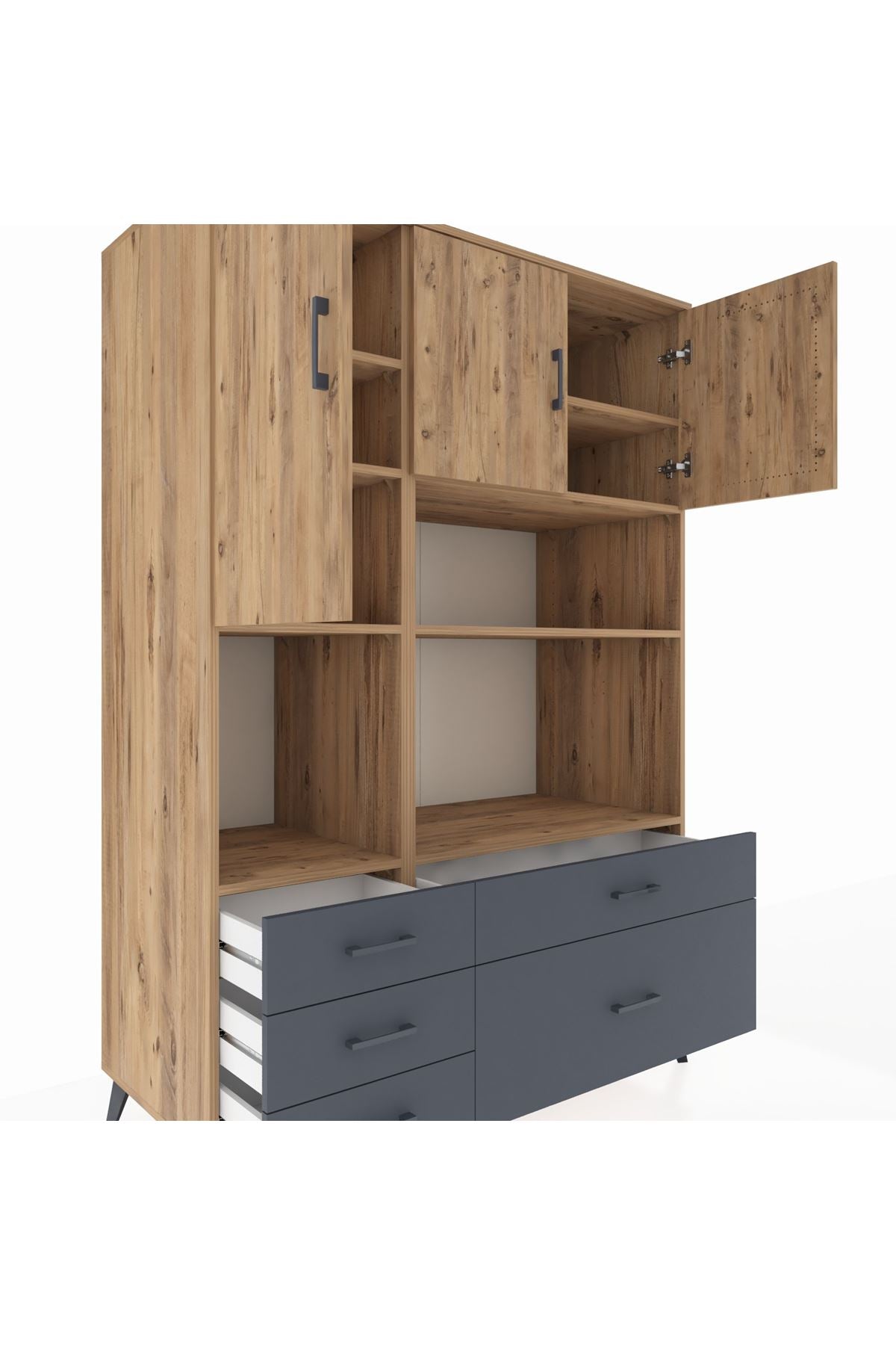 Kronos Dolap 8 Raflı 5 Çekmeceli 3 Kapaklı 132x59x195 Çam-Çam/Antrasit